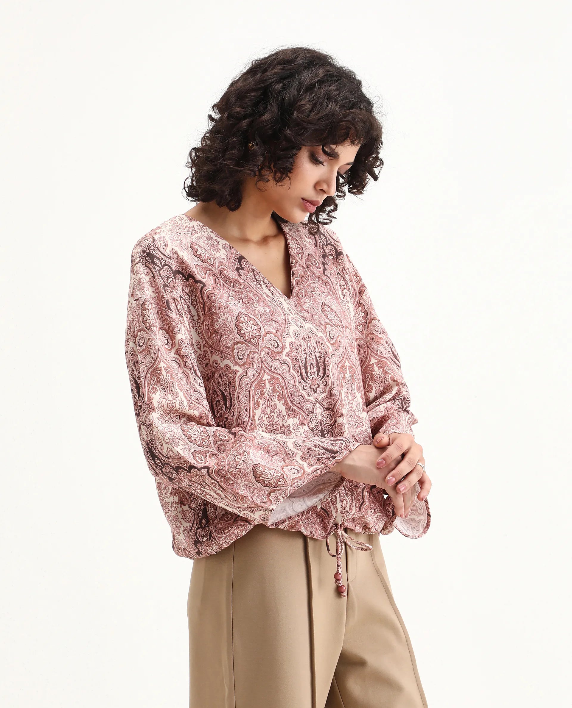 Rareism Women's Roneltie Light Brown Viscose V-Neck Ornamental Print Relaxed Fit Top