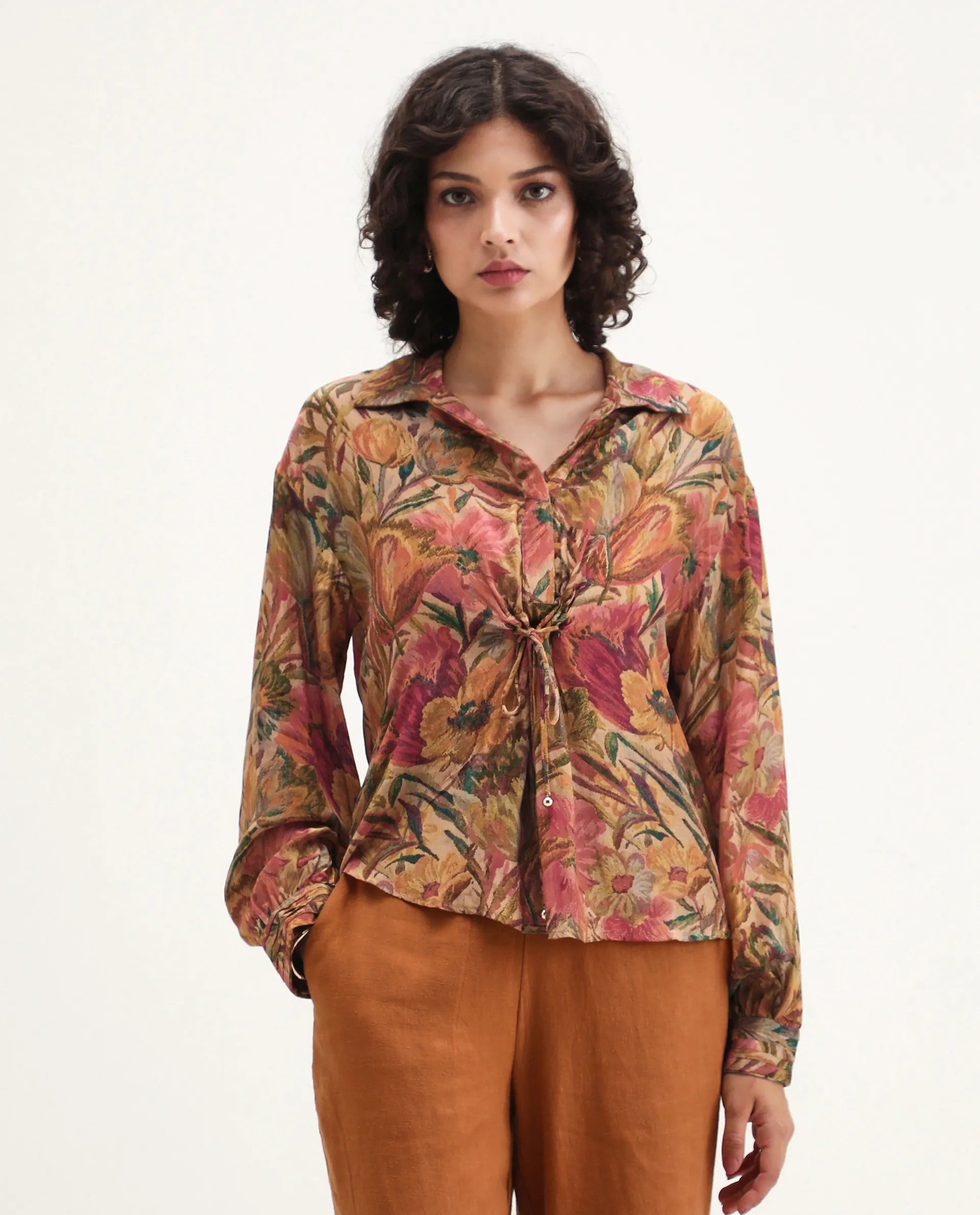 Rareism Women's Ronib Multi Viscose Blend Collared Floral Print Bishop Sleeve Relaxed Fit Top