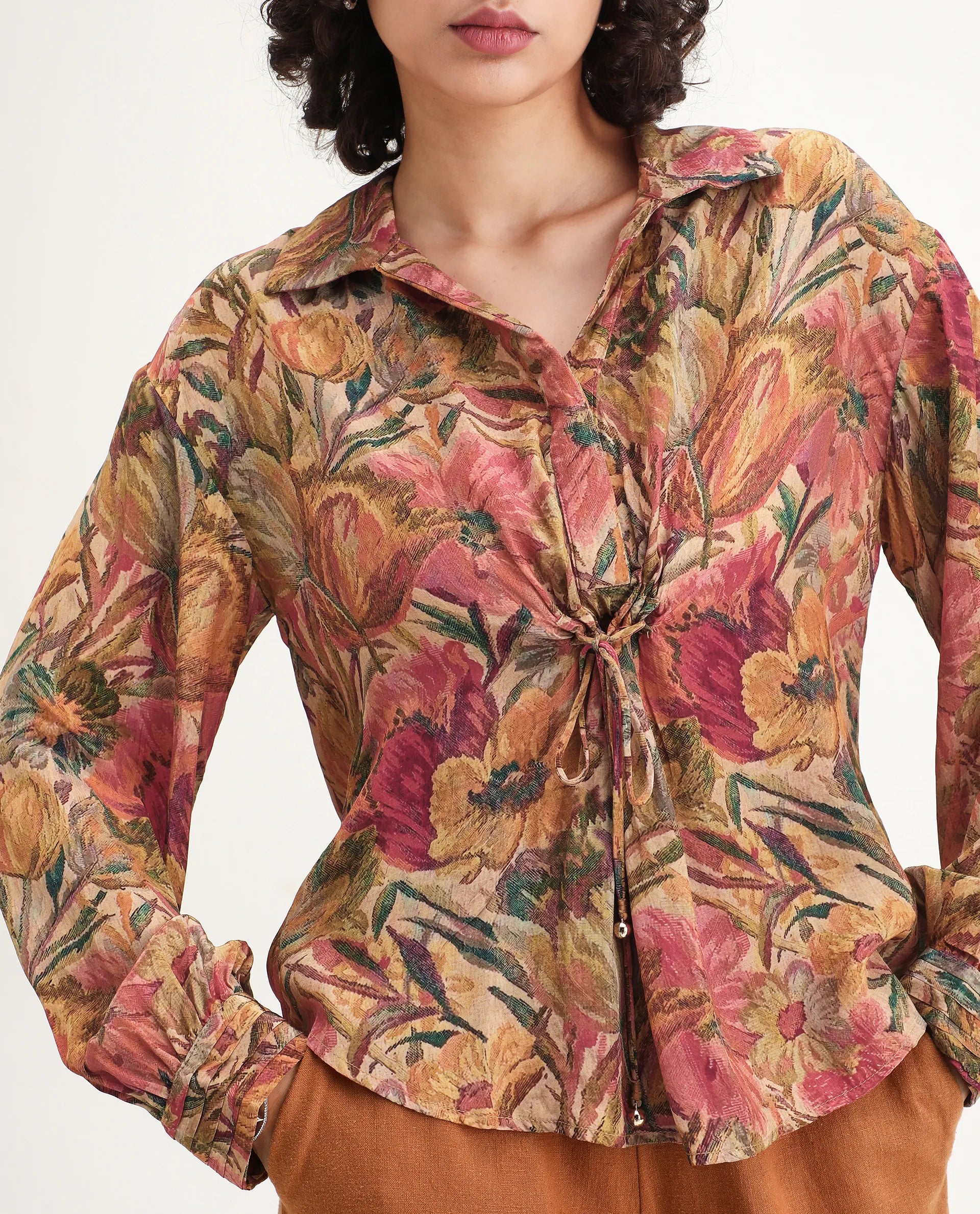 Rareism Women's Ronib Multi Viscose Blend Collared Floral Print Bishop Sleeve Relaxed Fit Top