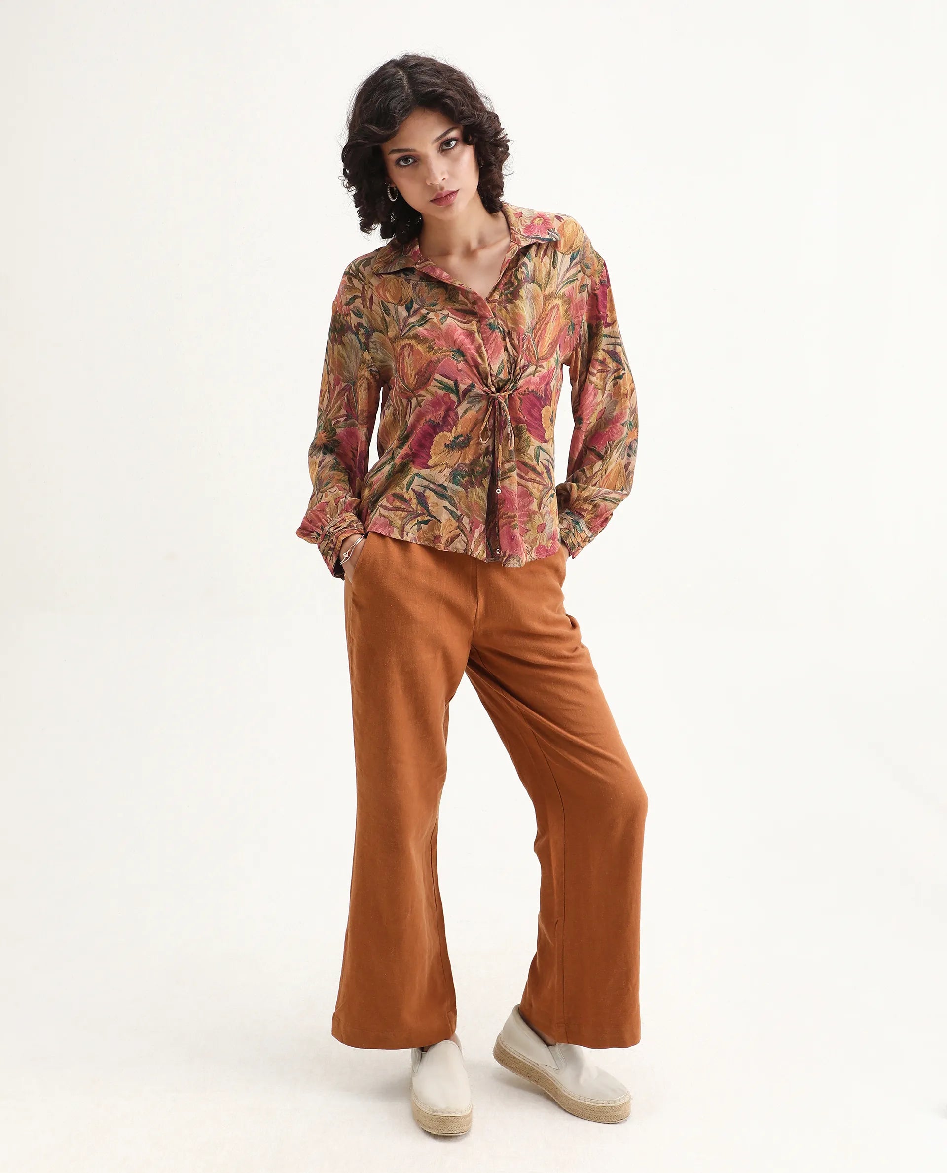 Rareism Women's Ronib Multi Viscose Blend Collared Floral Print Bishop Sleeve Relaxed Fit Top