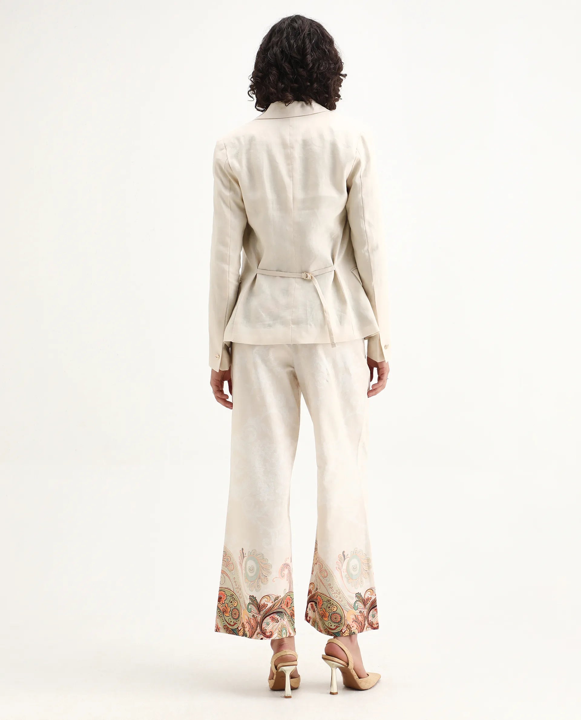 Rareism Women's Roniv B Beige Cotton Paisley Print Ankle Length Wide Trouser