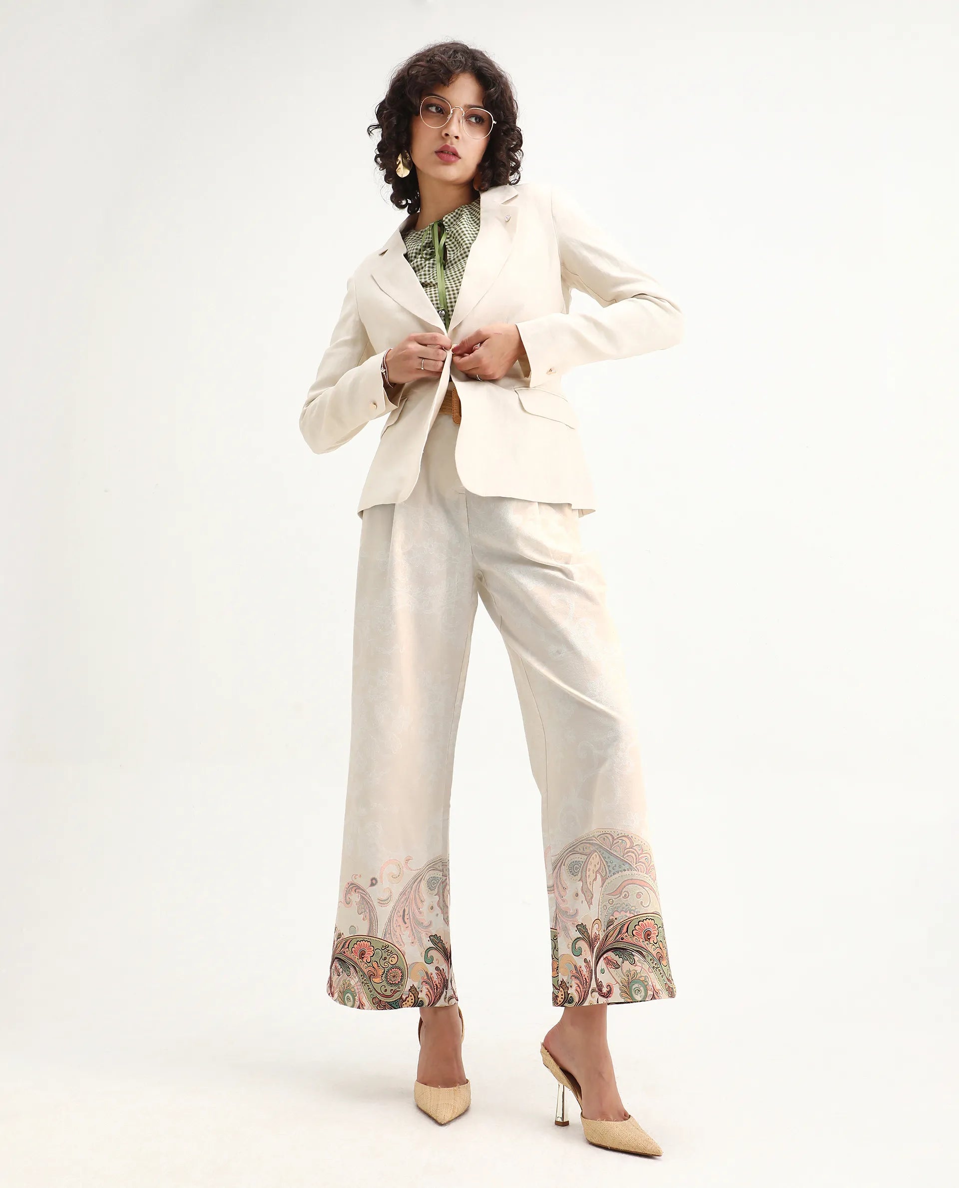 Rareism Women's Roniv B Beige Cotton Paisley Print Ankle Length Wide Trouser