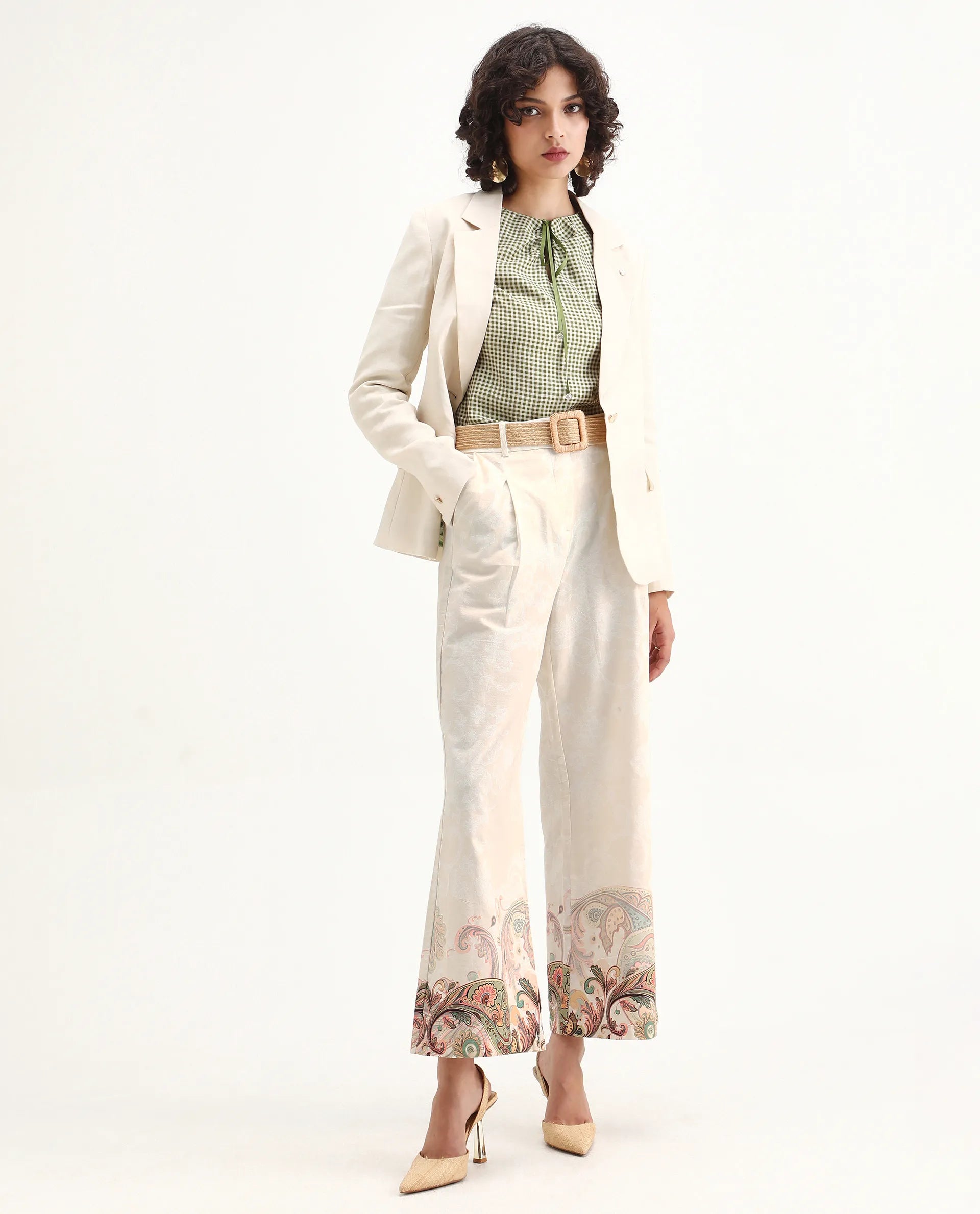 Rareism Women's Roniv B Beige Cotton Paisley Print Ankle Length Wide Trouser