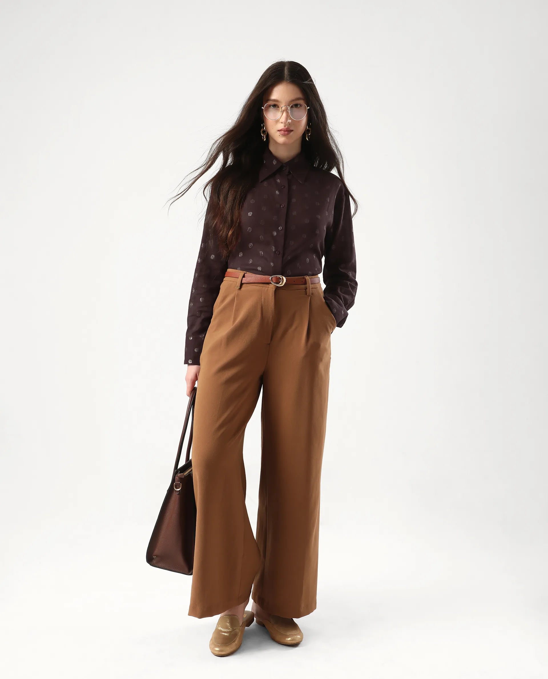 Rareism Women's Ronjaz Dusky Brown Cotton Collared Plain Cuffed Sleeve Regular Fit Shirt