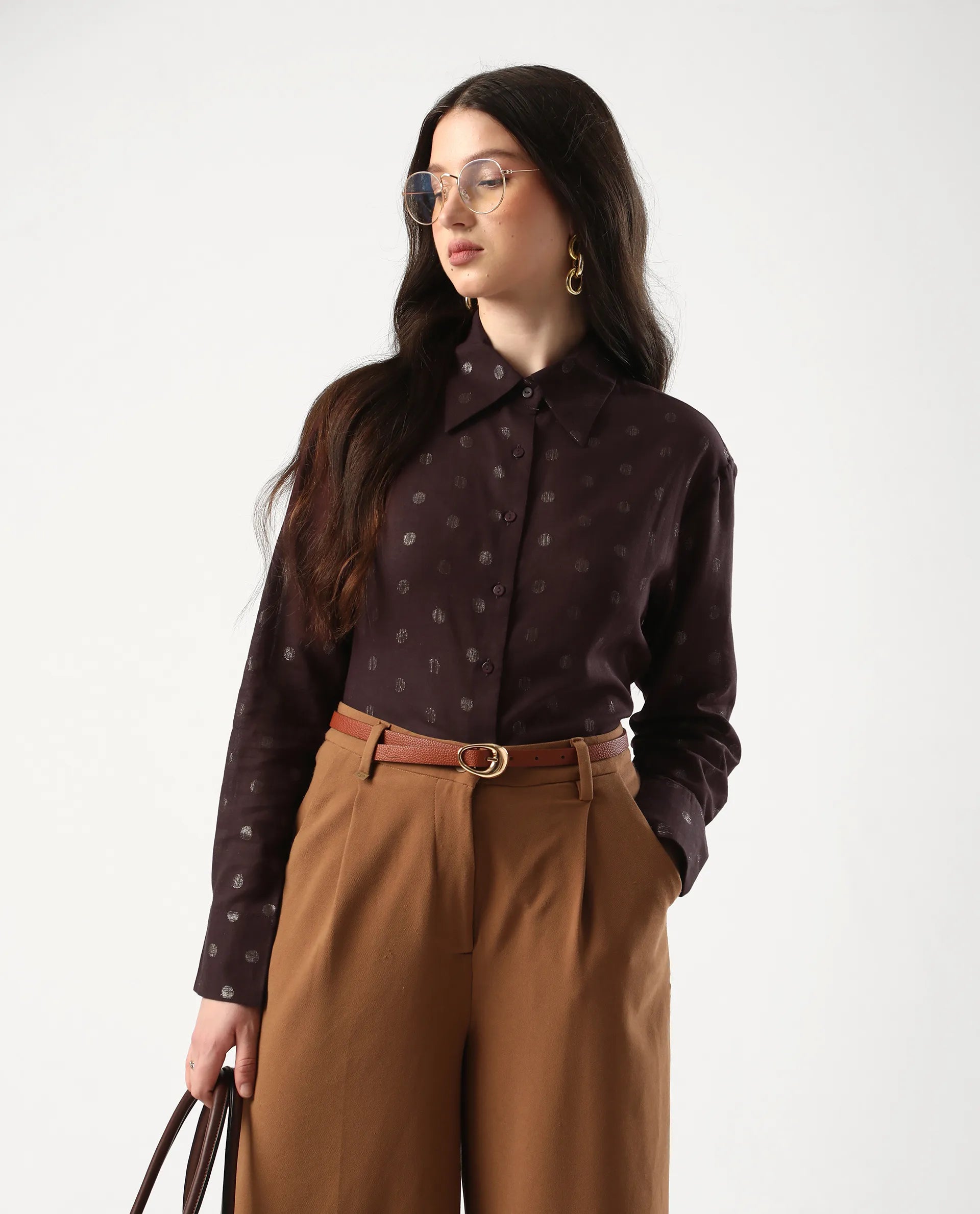 Rareism Women's Ronjaz Dusky Brown Cotton Collared Plain Cuffed Sleeve Regular Fit Shirt