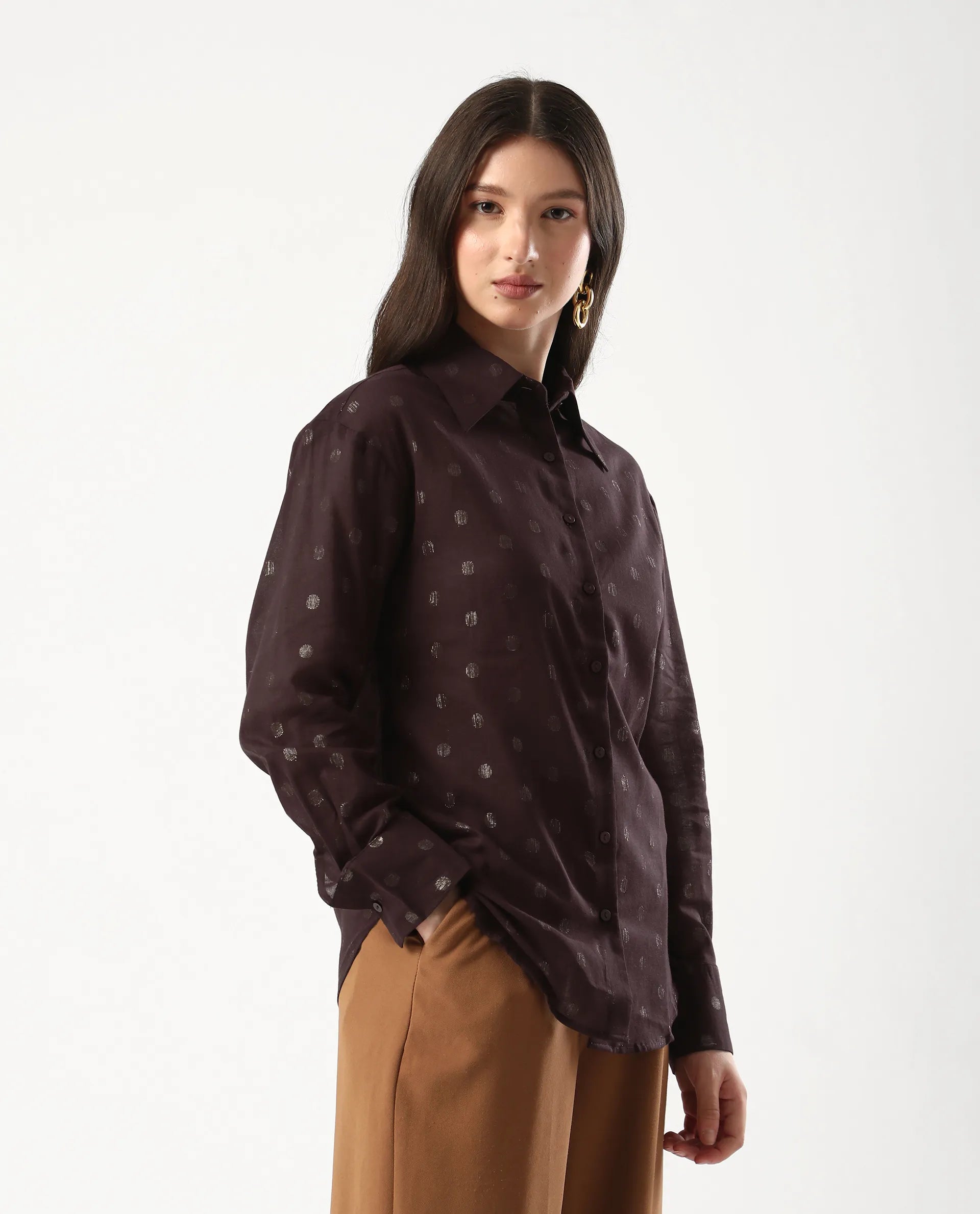 Rareism Women's Ronjaz Dusky Brown Cotton Collared Plain Cuffed Sleeve Regular Fit Shirt