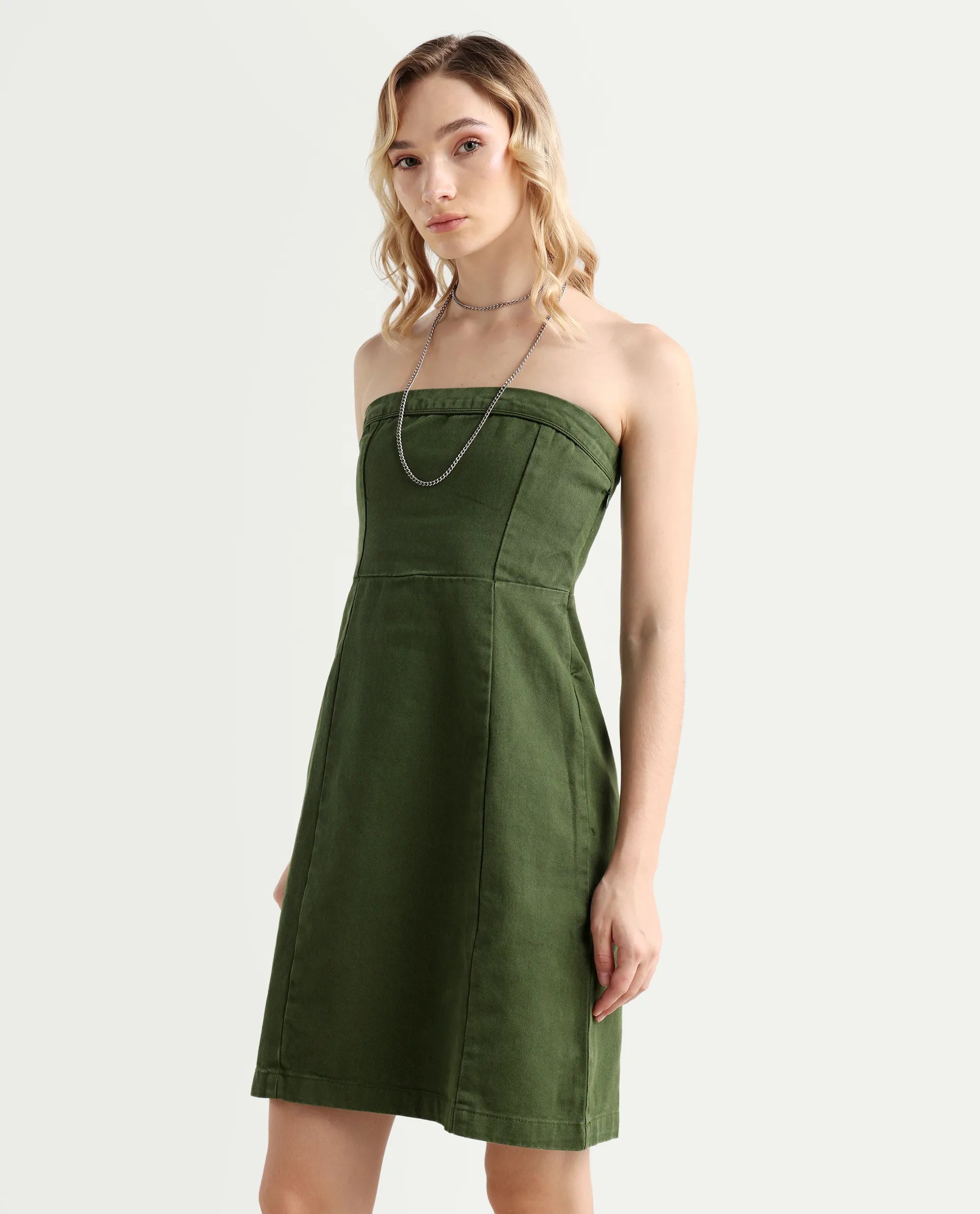 Rareism Women's Ronobia Olive Cotton Blend Tube Neck Plain Sleeveless Knee Length Bodycon Dress