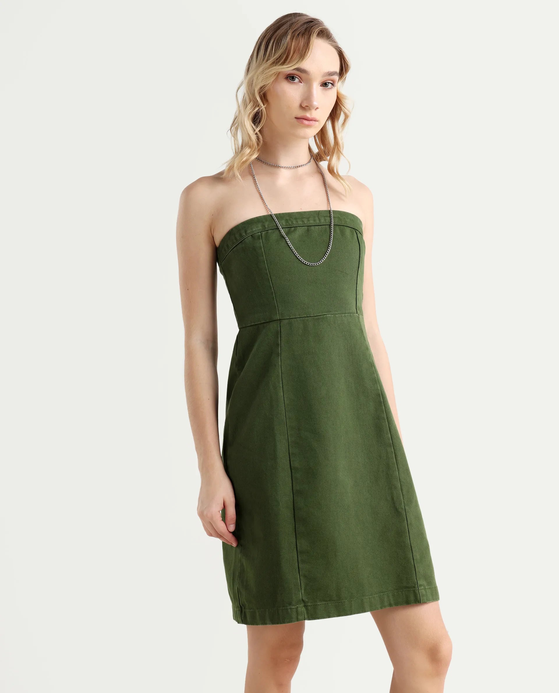 Rareism Women's Ronobia Olive Cotton Blend Tube Neck Plain Sleeveless Knee Length Bodycon Dress