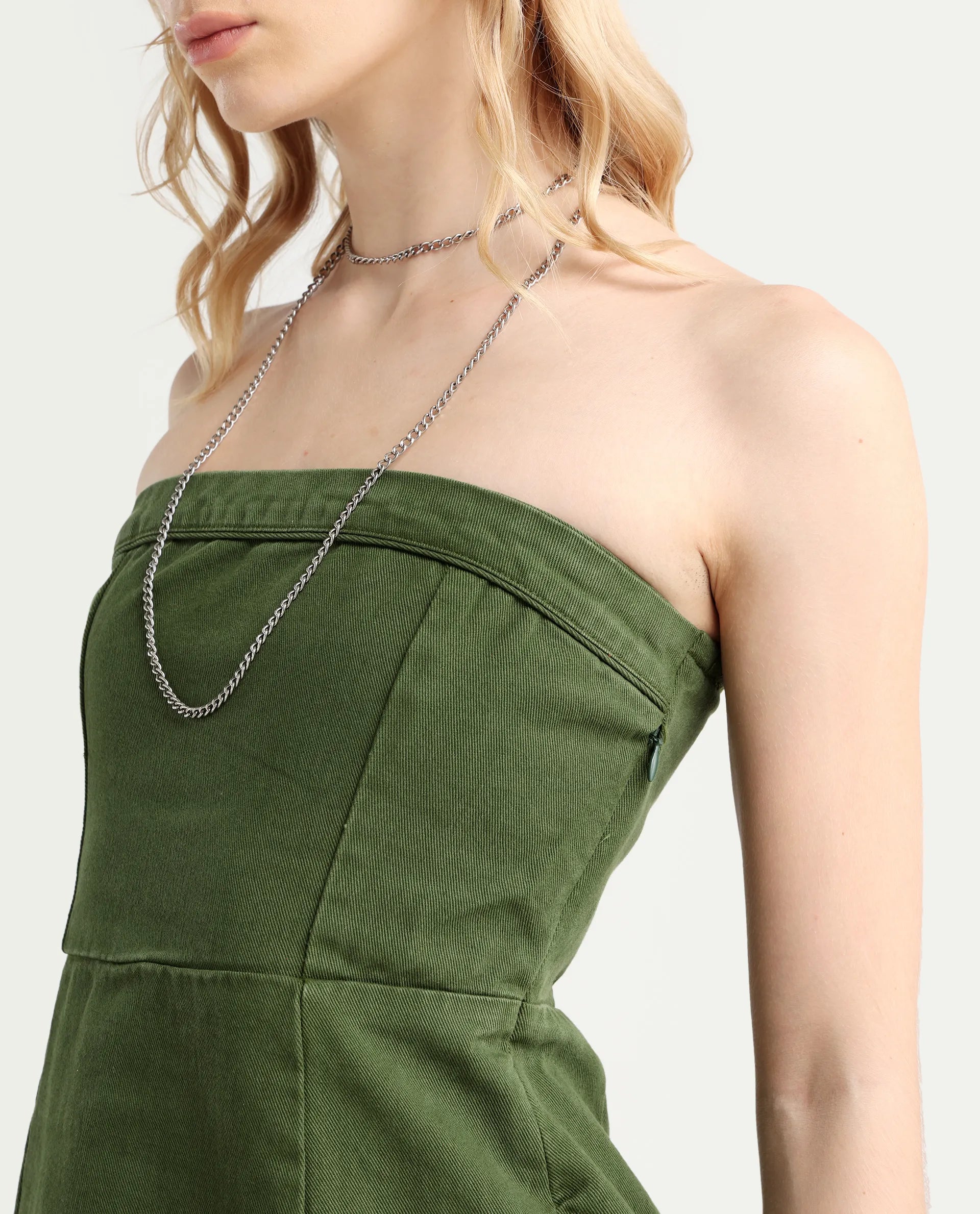 Rareism Women's Ronobia Olive Cotton Blend Tube Neck Plain Sleeveless Knee Length Bodycon Dress