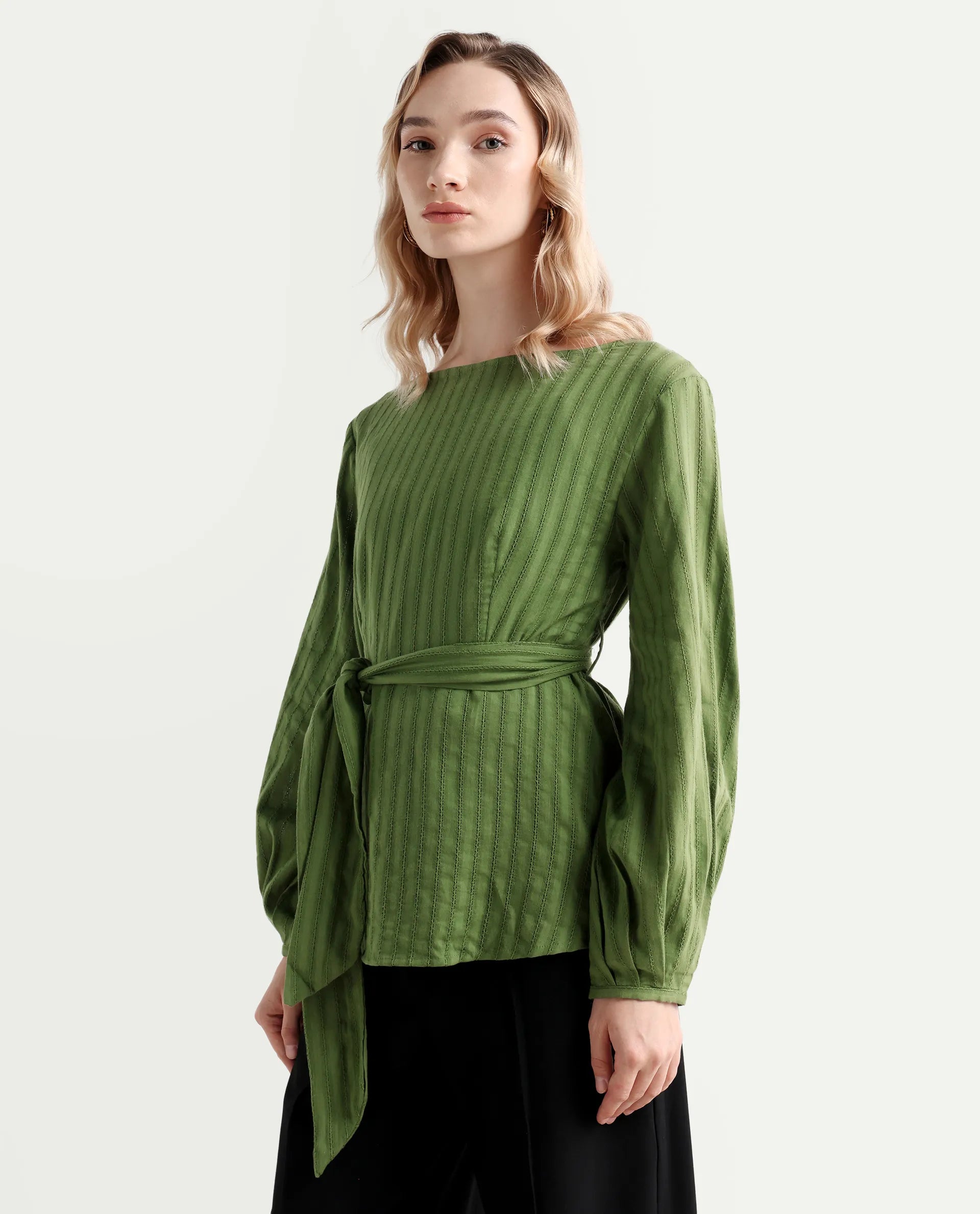 Rareism Women's Rono Green Cotton Boat Neck Plain Cuffed Sleeve Regular Fit Top