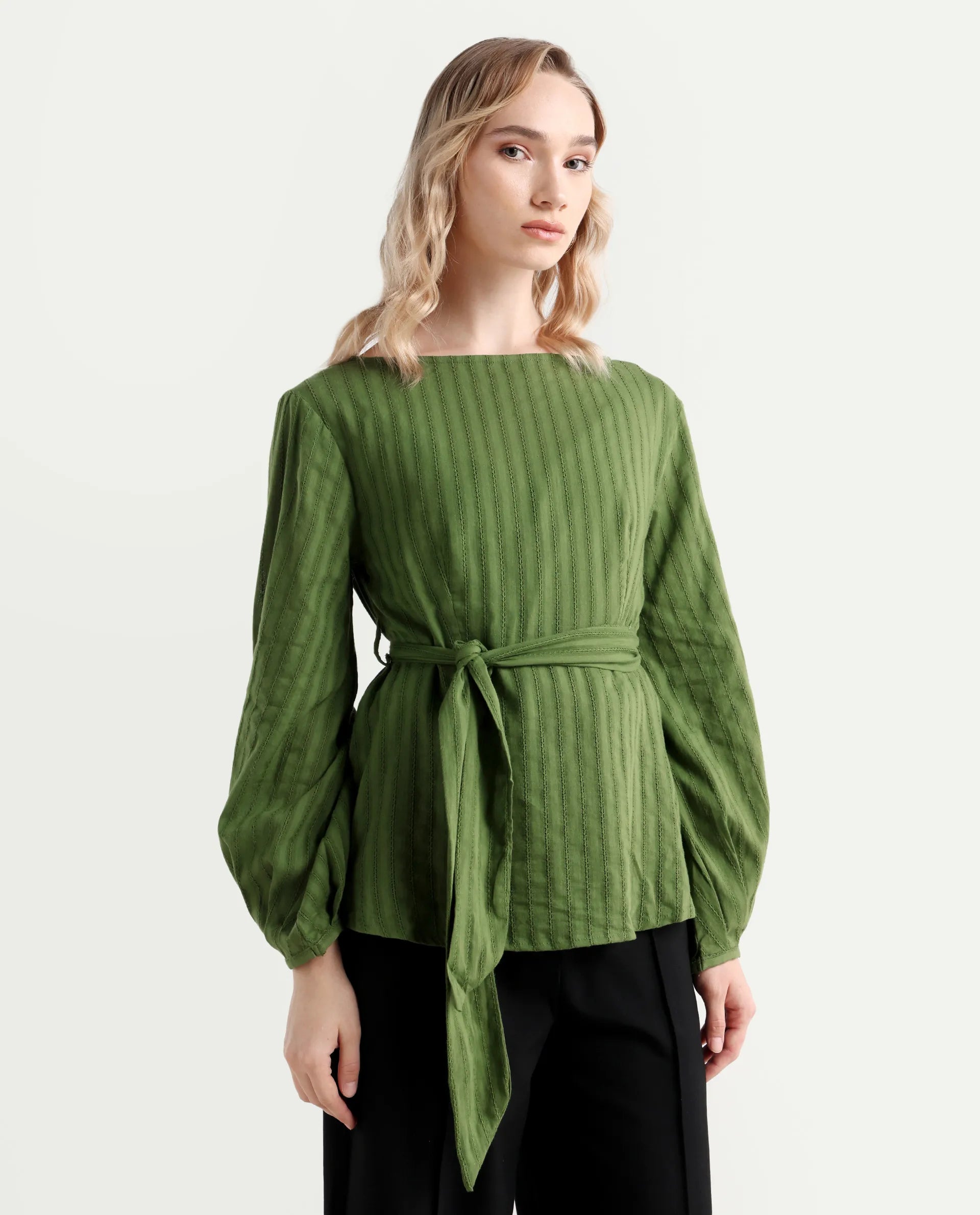 Rareism Women's Rono Green Cotton Boat Neck Plain Cuffed Sleeve Regular Fit Top