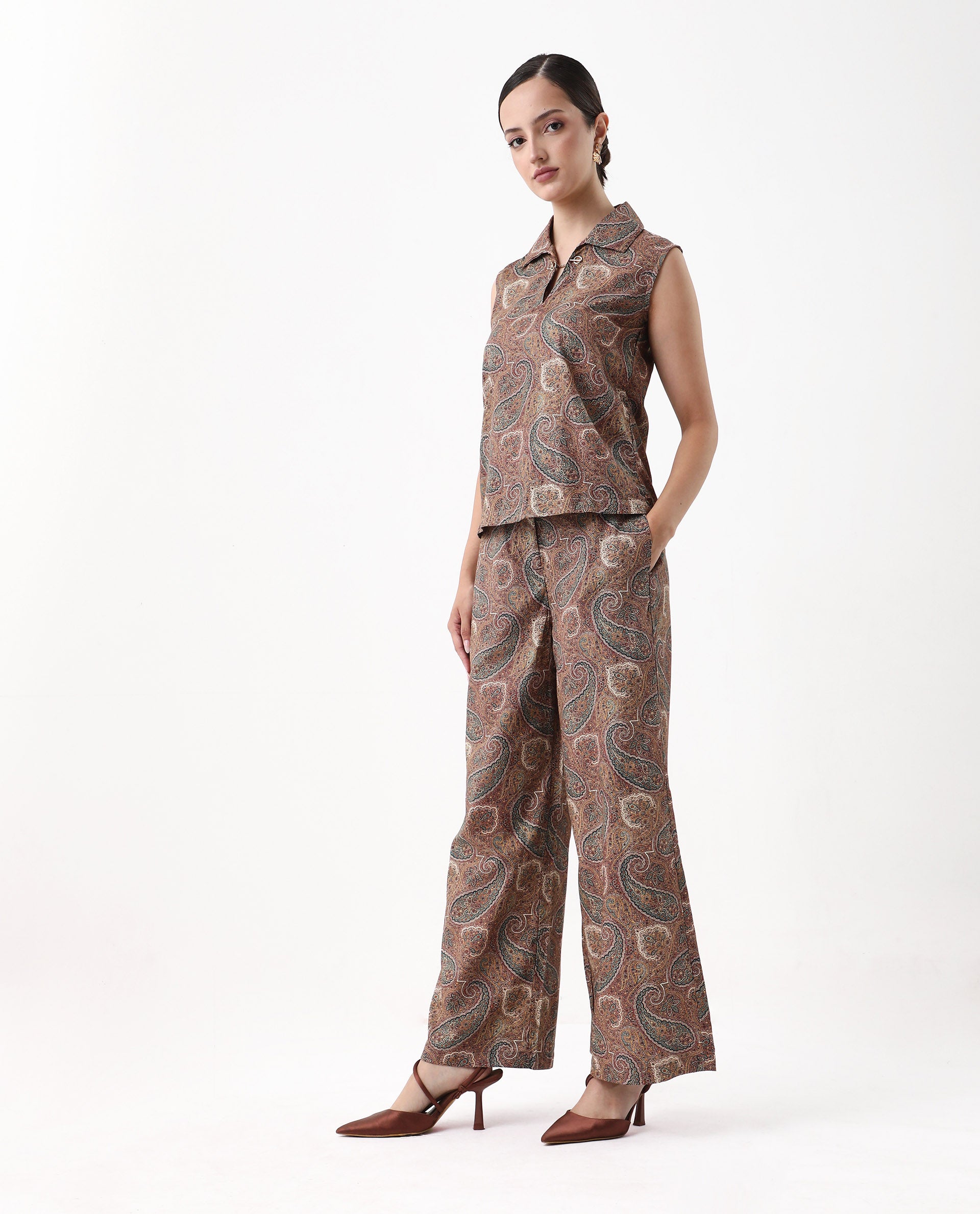 Rareism Women's Ronoro-B Multi Cotton Paisley Print Ankle Length Wide Trouser