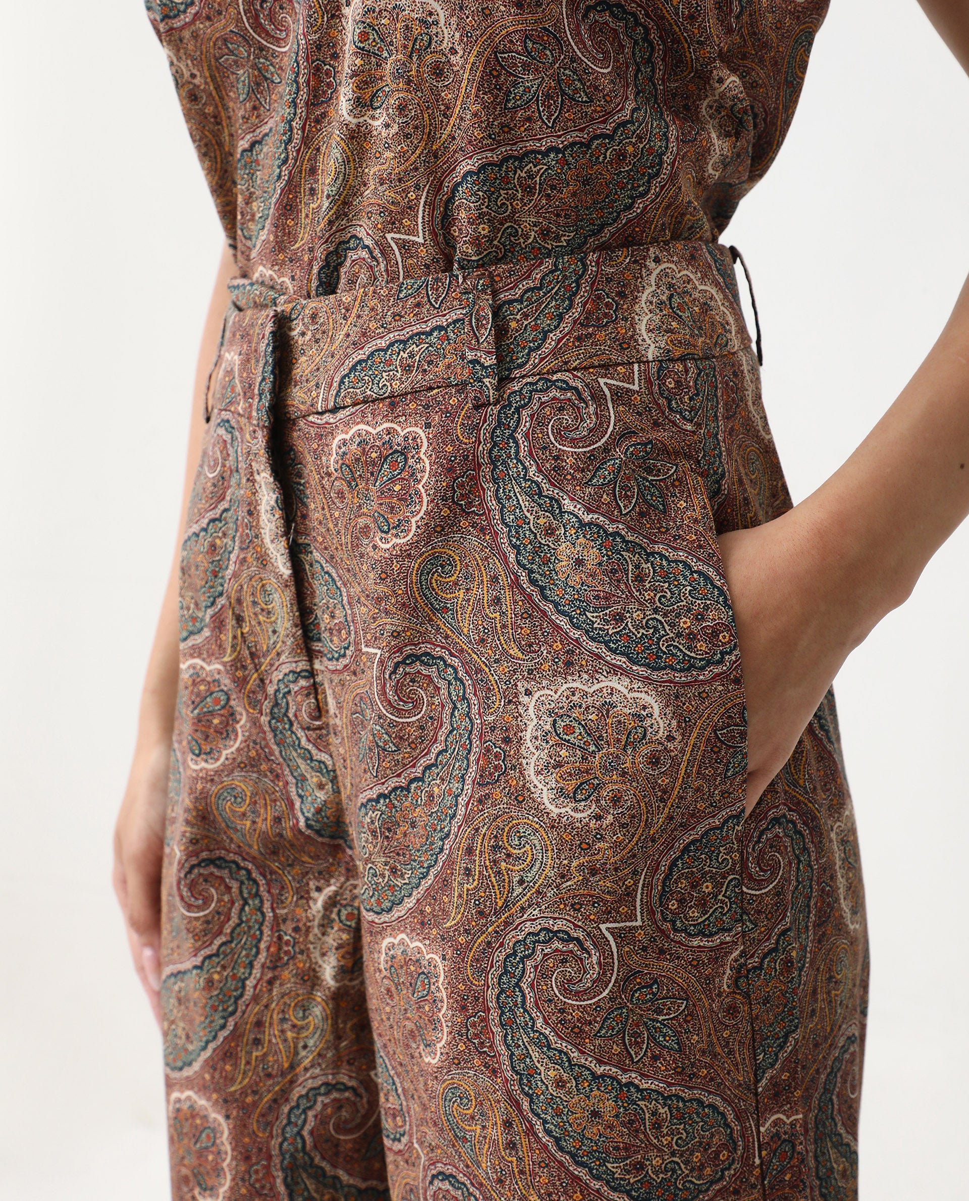 Rareism Women's Ronoro-B Multi Cotton Paisley Print Ankle Length Wide Trouser