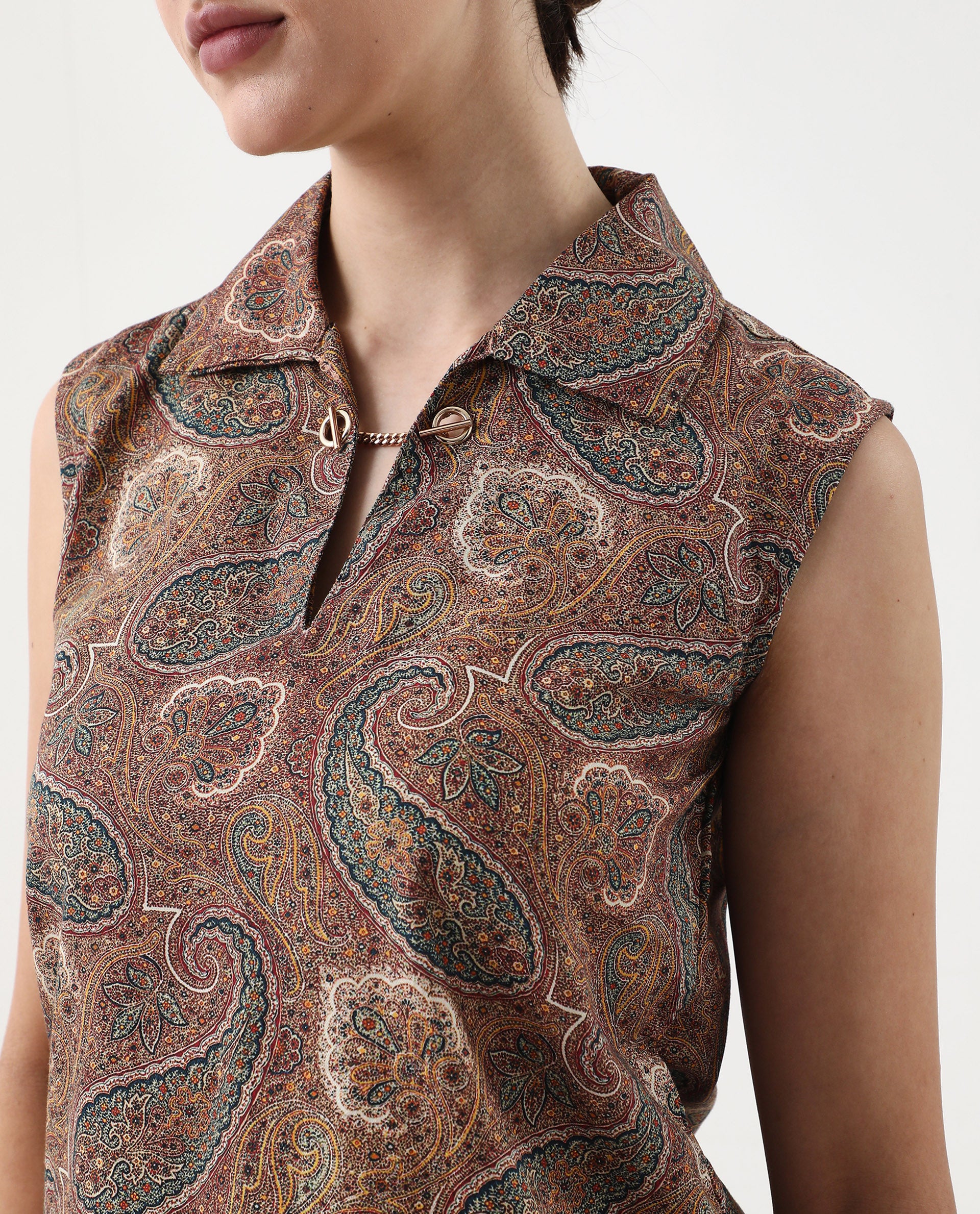 Rareism Women's Ronoro-T Multi Cotton Spread Collar Paisley Print Sleeveless Boxy Fit Top