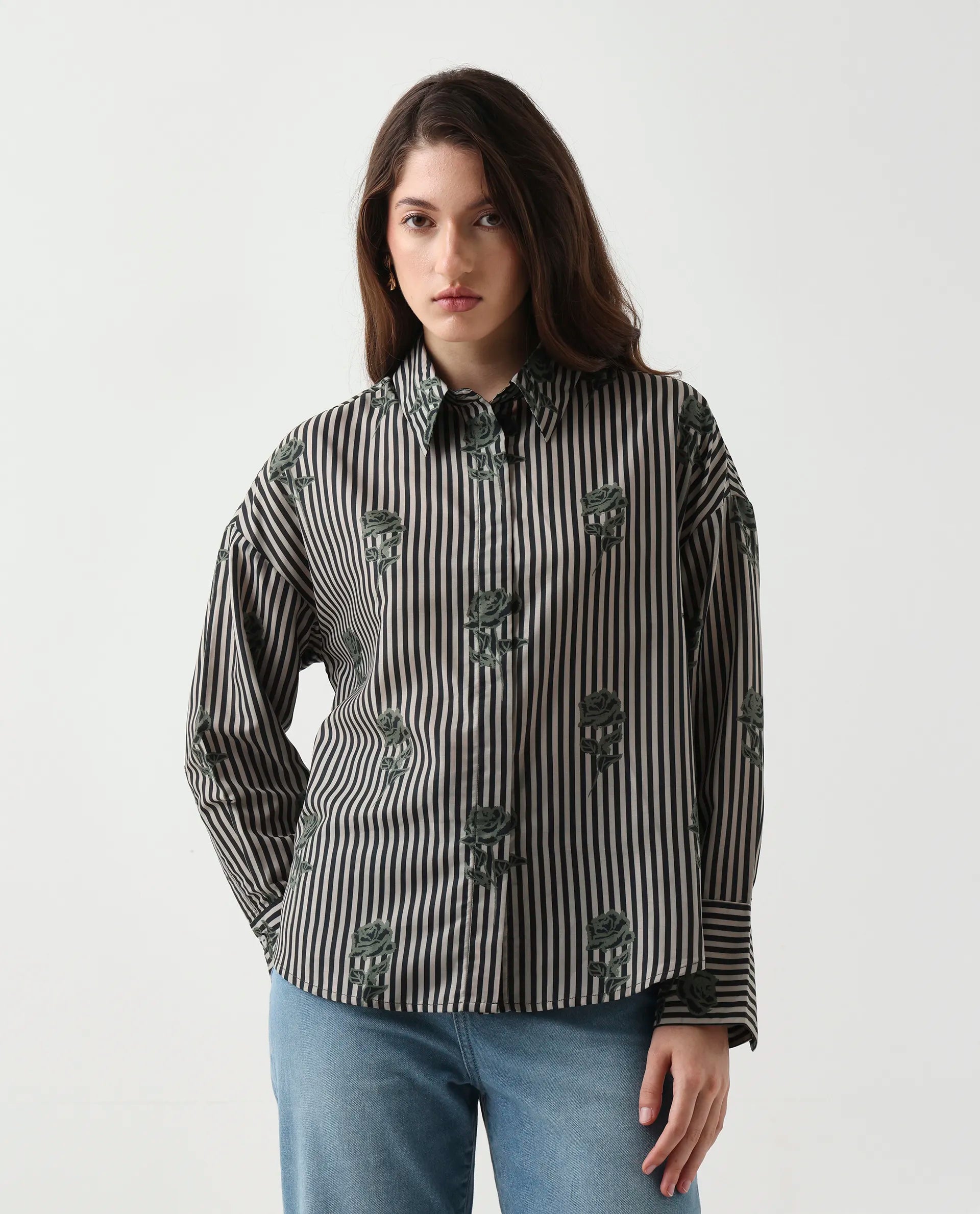 Rareism Women's Ronrayzo Dark Green Polyester Blend Spread Collar Striped Cuffed Sleeve Regular Fit Shirt