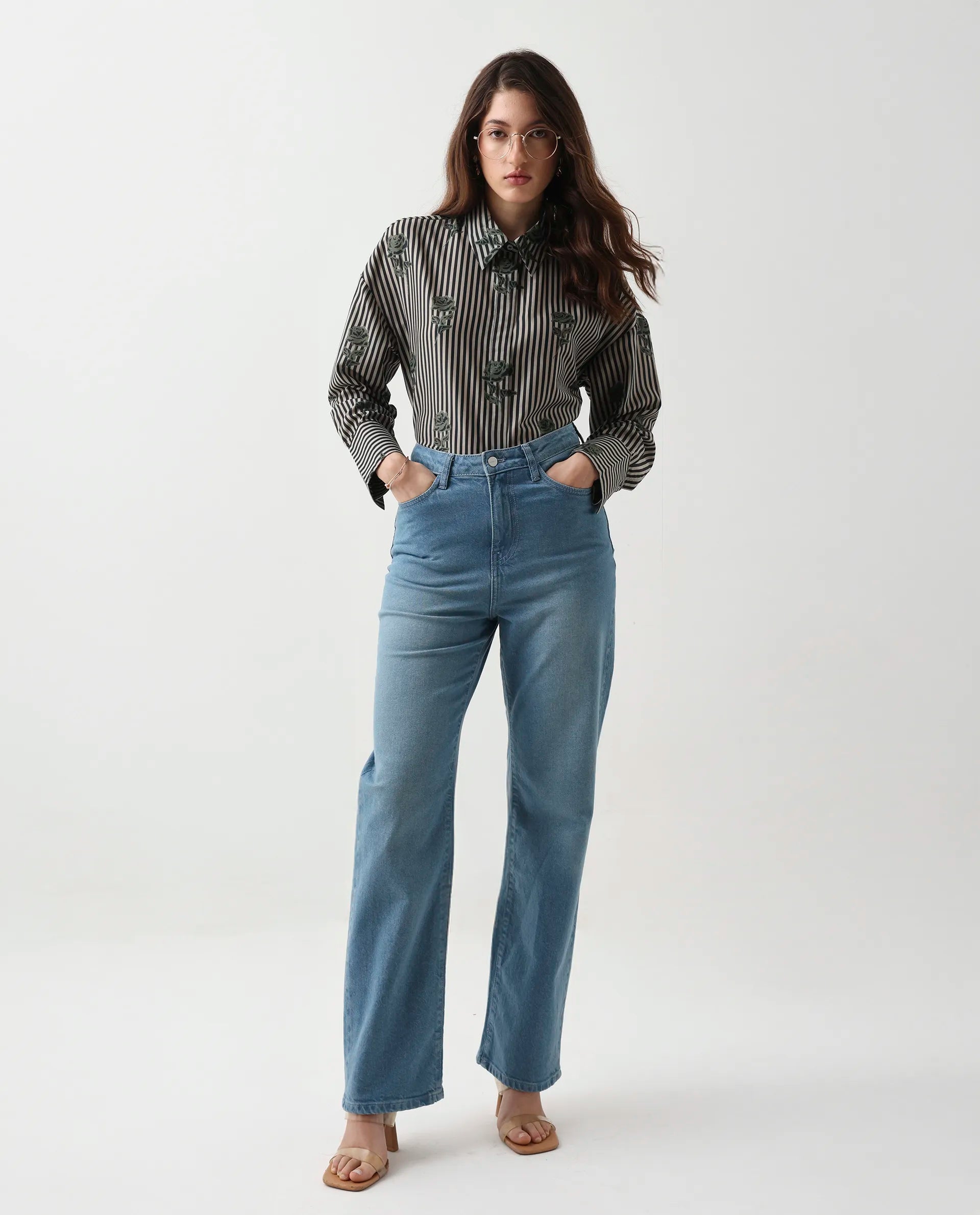 Rareism Women's Ronrayzo Dark Green Polyester Blend Spread Collar Striped Cuffed Sleeve Regular Fit Shirt