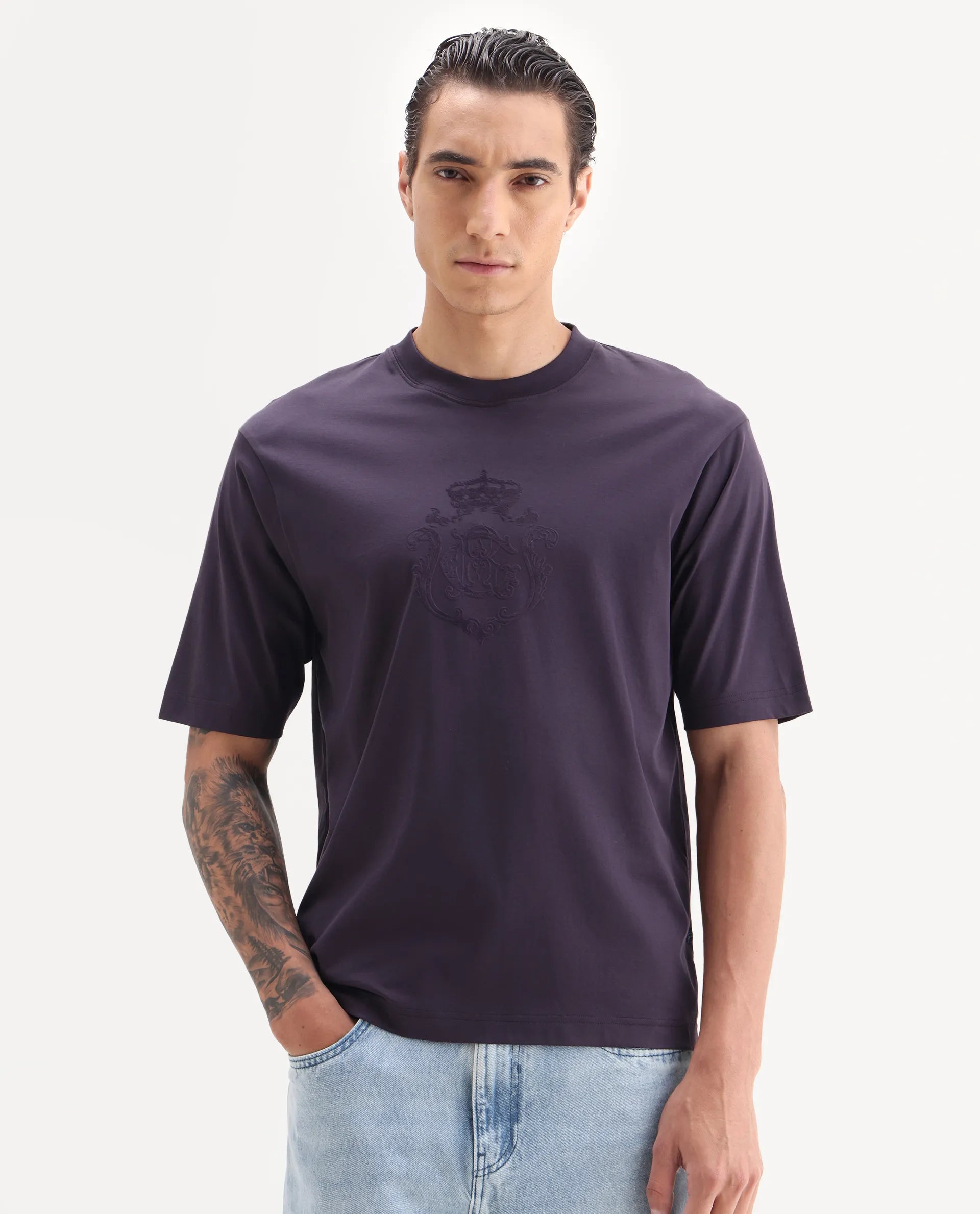 Rare Rabbit Men's Rora Dark Purple Cotton Fabric Half Sleeve Crew Neck Regular Fit Graphic Print T-Shirt