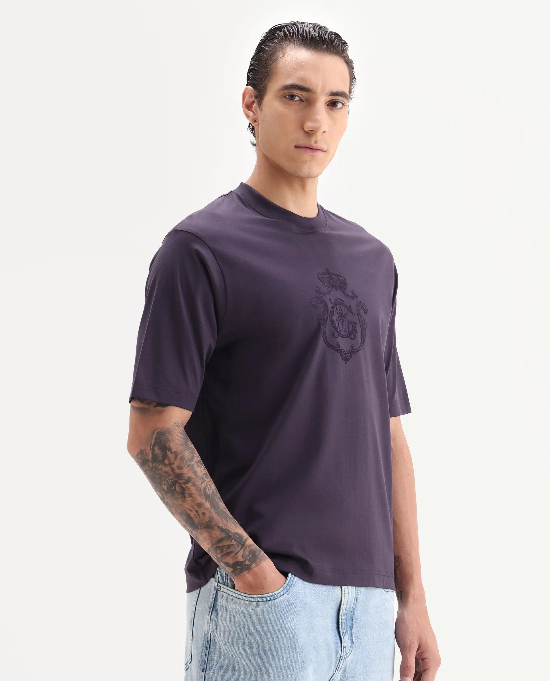 Rare Rabbit Men's Rora Dark Purple Cotton Fabric Half Sleeve Crew Neck Regular Fit Graphic Print T-Shirt