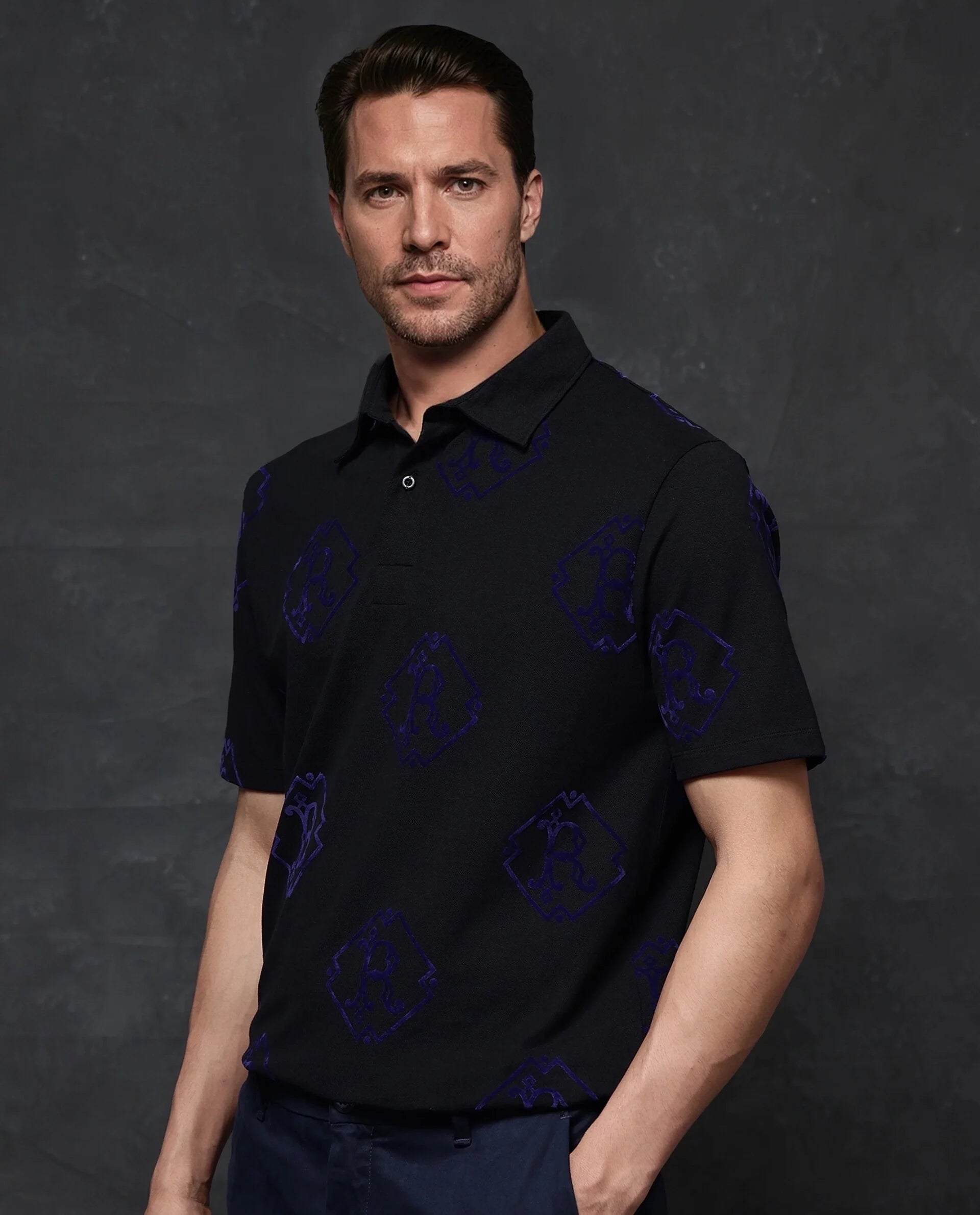 Rare Rabbit Men Roson Black Short Sleeve Regular Collar Button Closure Regular Premium Monogram Flock Print Polo