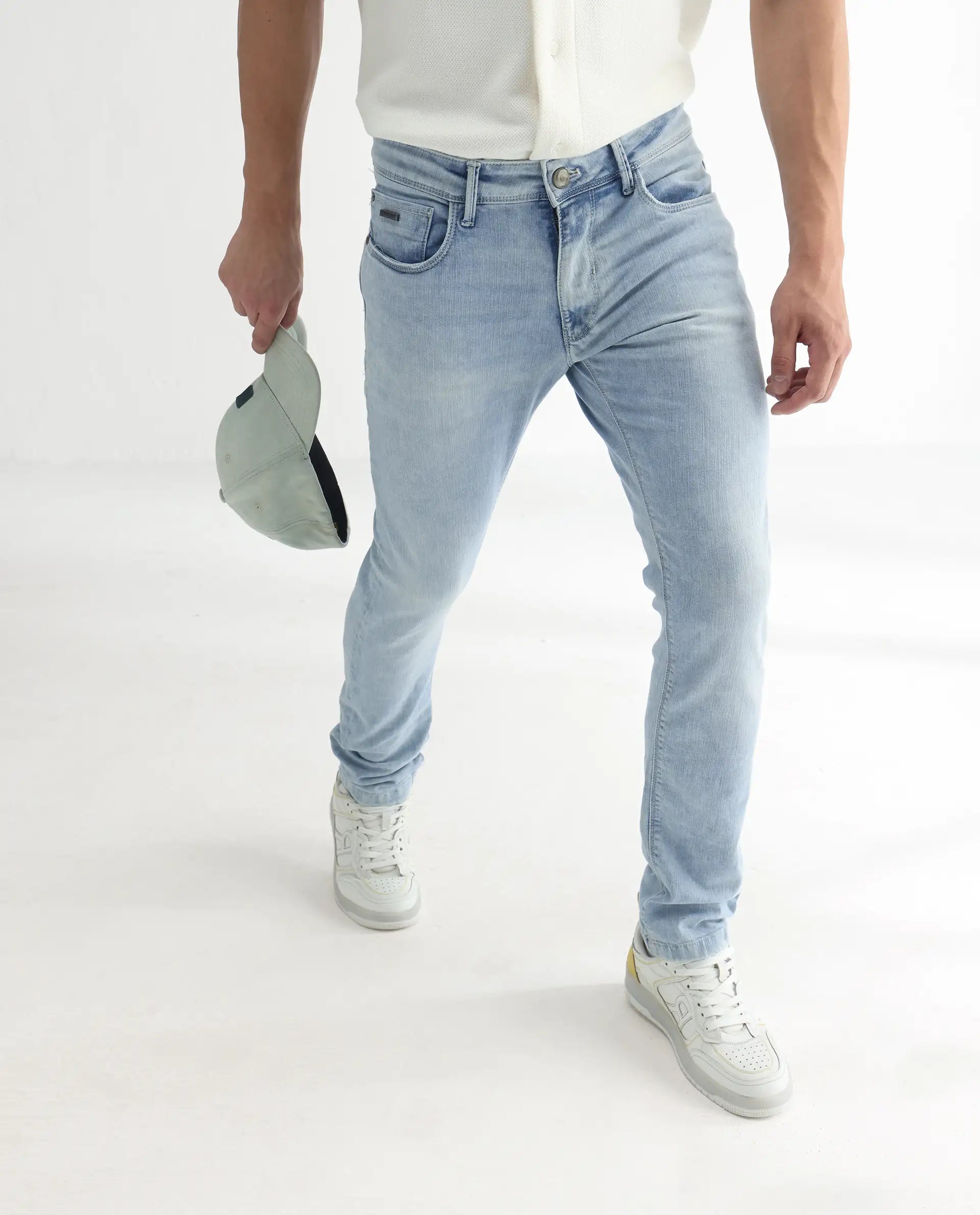 Rare Rabbit Men's Roune Light Blue Cotton Plain Hawk Slim Fit Jeans