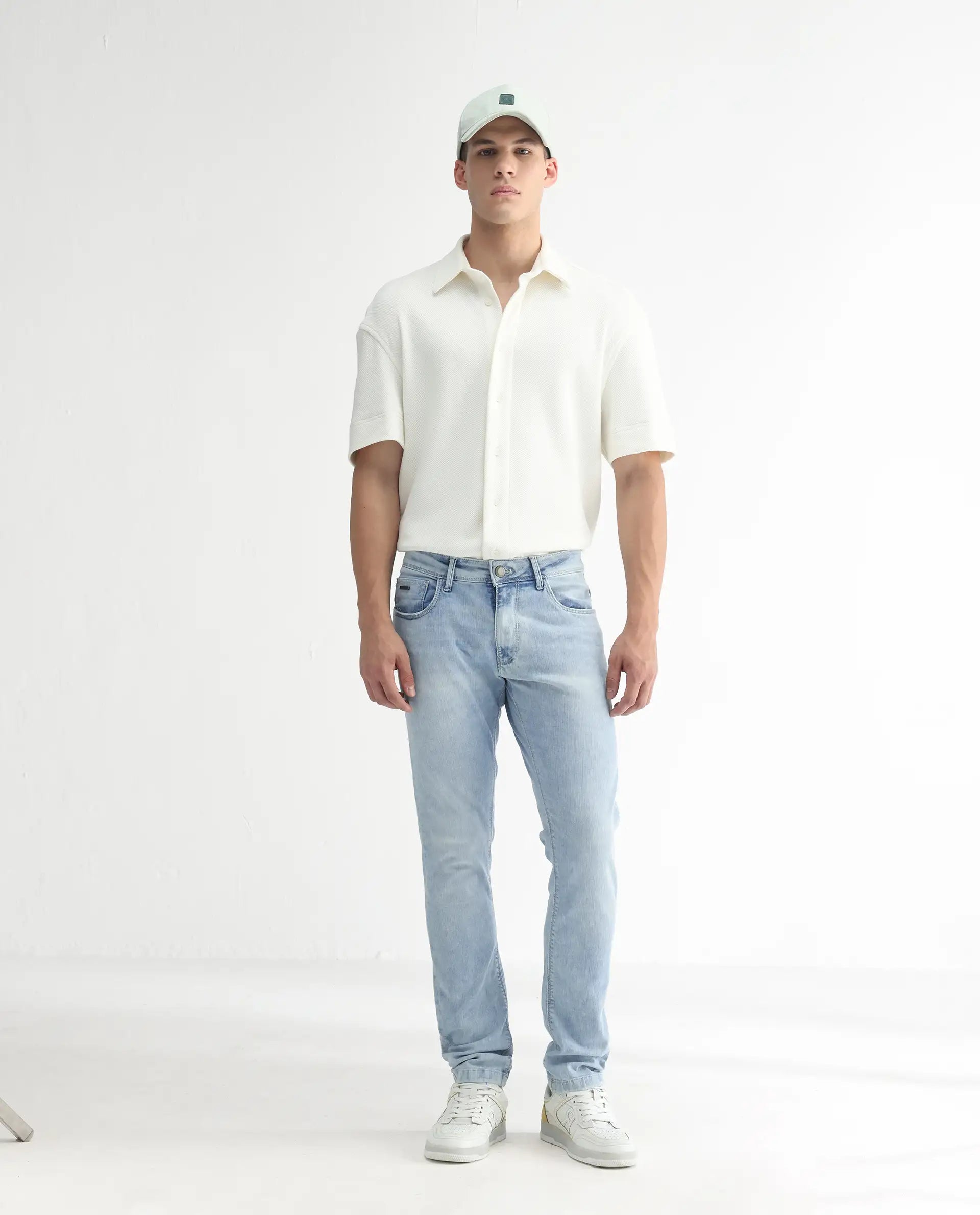 Rare Rabbit Men's Roune Light Blue Cotton Plain Hawk Slim Fit Jeans