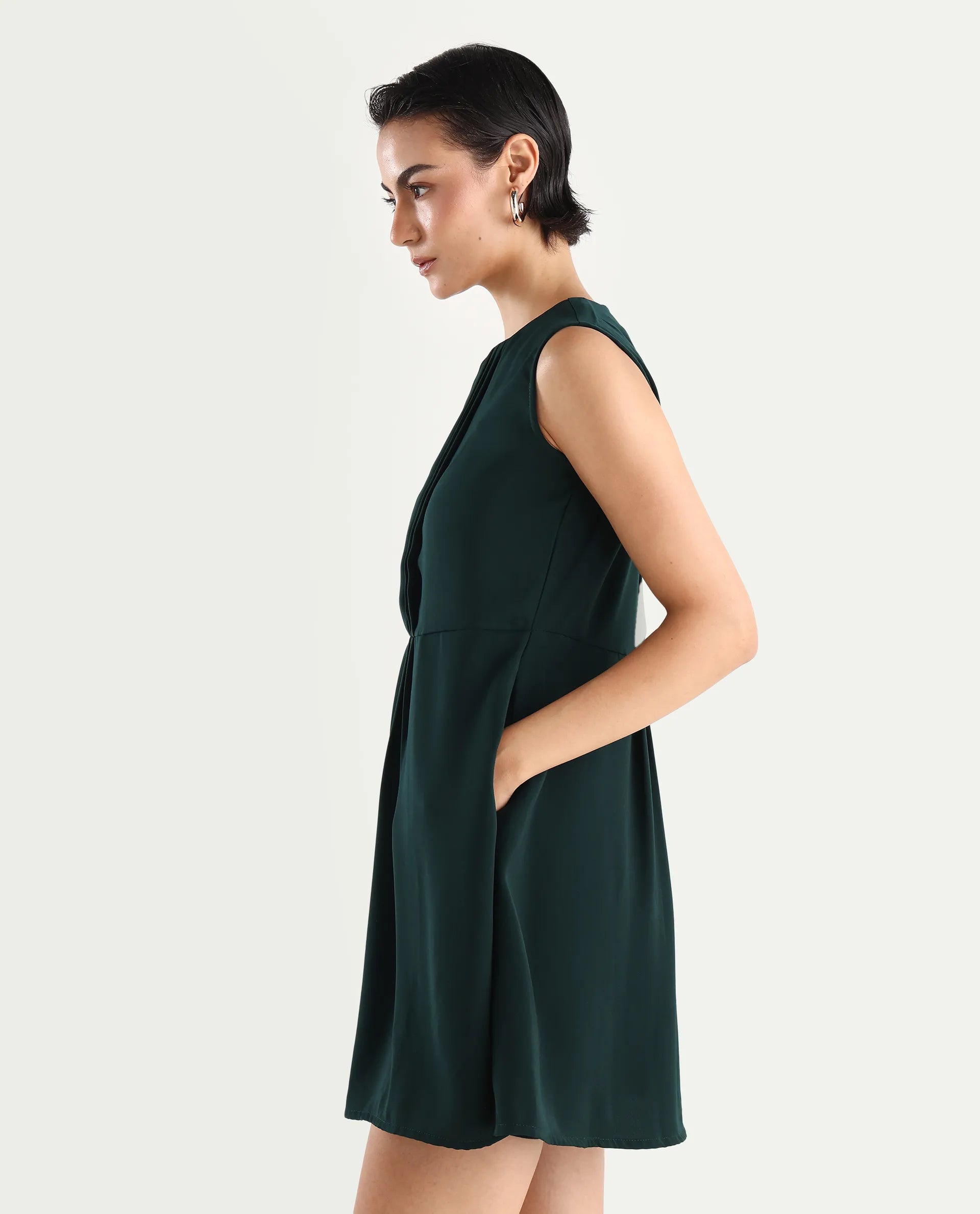 Rareism Women's Roux Olive Polyester Blend Crew Neck Plain Sleeveless Mini Fit And Flare Dress