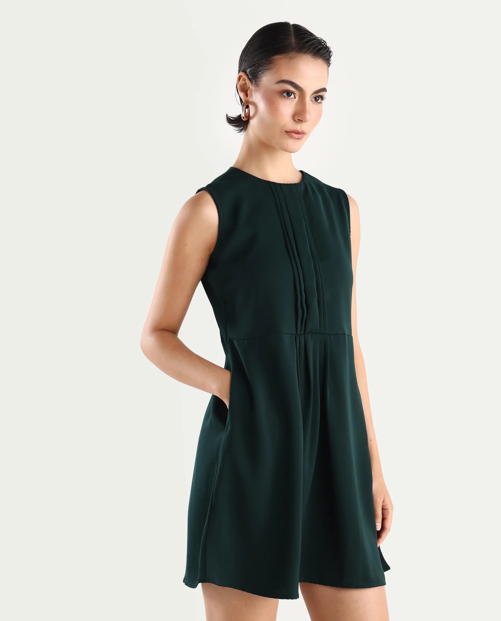 Rareism Women's Roux Olive Polyester Blend Crew Neck Plain Sleeveless Mini Fit And Flare Dress