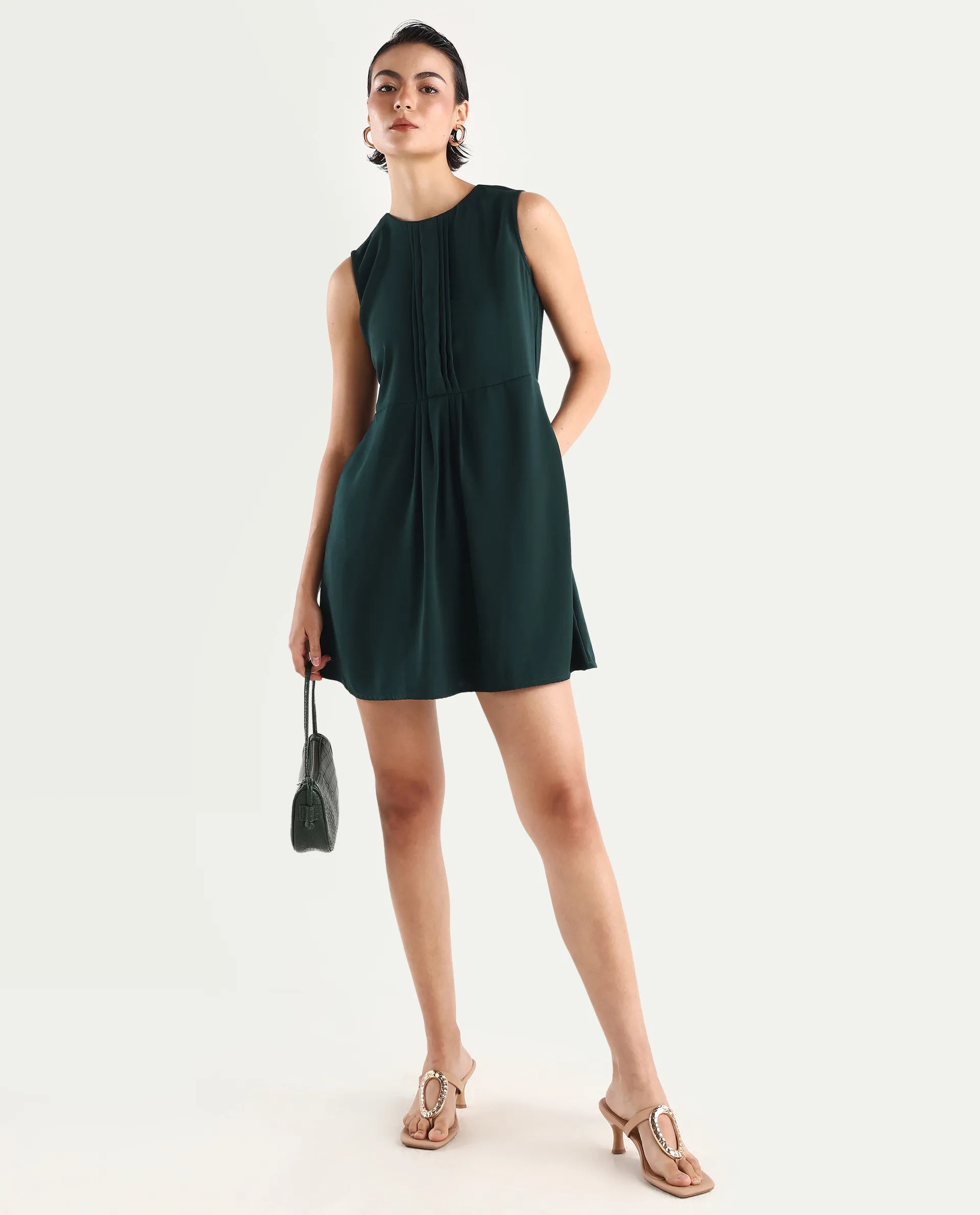 Rareism Women's Roux Olive Polyester Blend Crew Neck Plain Sleeveless Mini Fit And Flare Dress