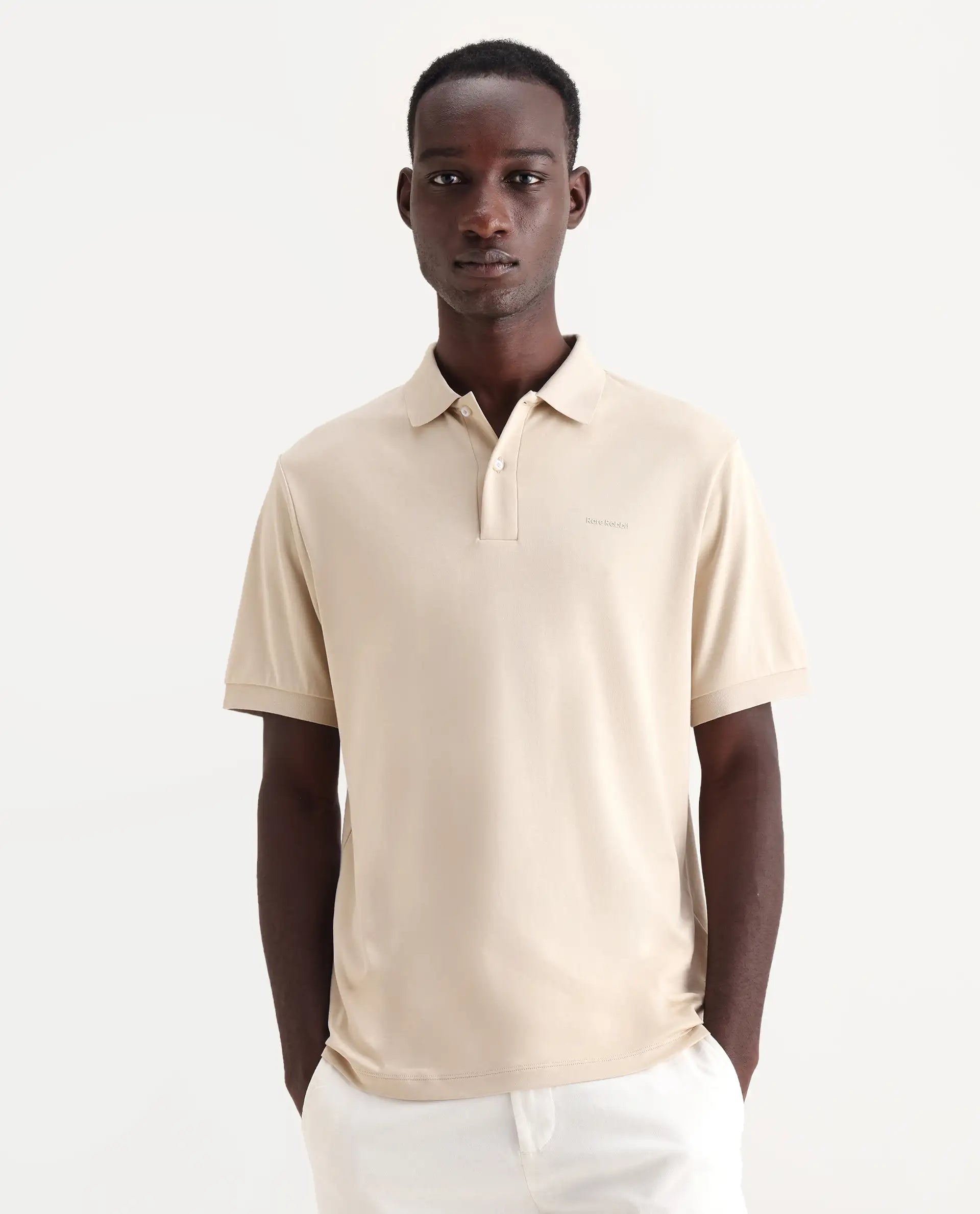 Rare Rabbit Men's Row-25 Beige Cotton Plain Regular Fit Half Sleeve Polo