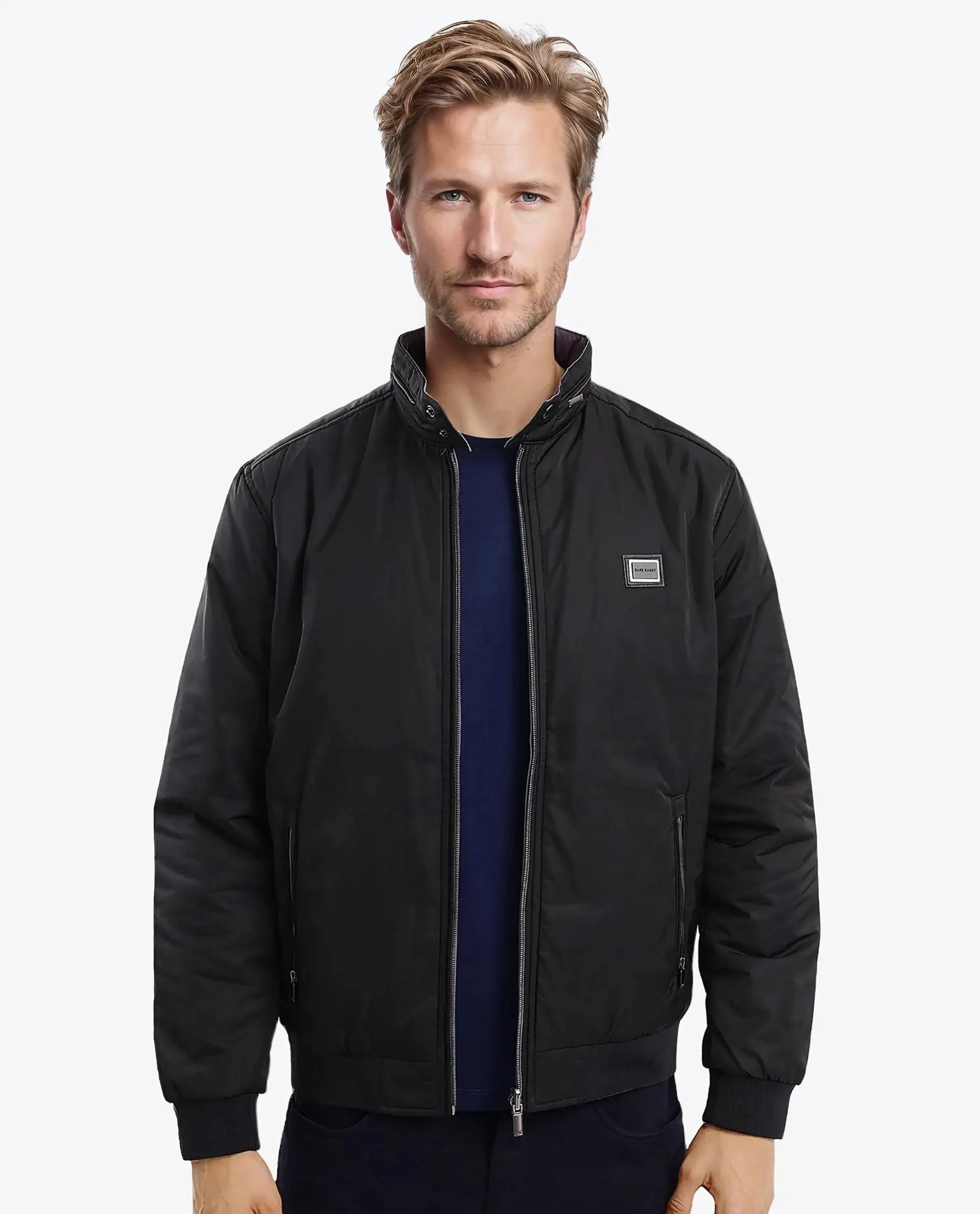 Rare Rabbit Men Royban-2 Black Polyester Fabric Full Sleeve High Neck Zipper Closure Plain Reversible Jacket