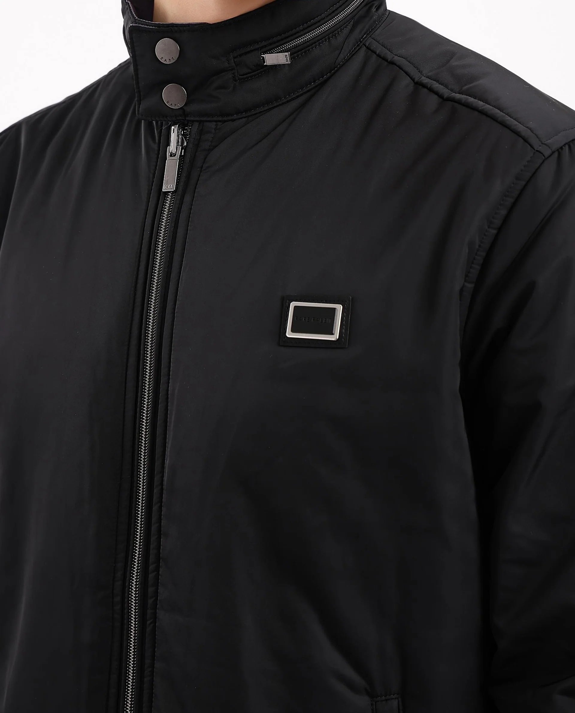 Rare Rabbit Men Royban-2 Black Polyester Fabric Full Sleeve High Neck Zipper Closure Plain Reversible Jacket