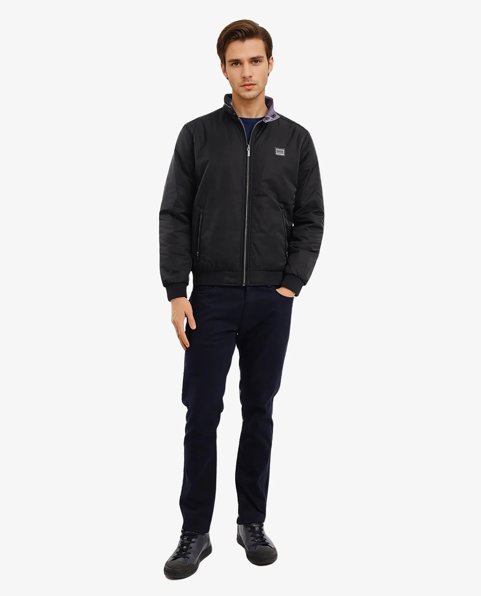 Rare Rabbit Men Royban-2 Black Polyester Fabric Full Sleeve High Neck Zipper Closure Plain Reversible Jacket