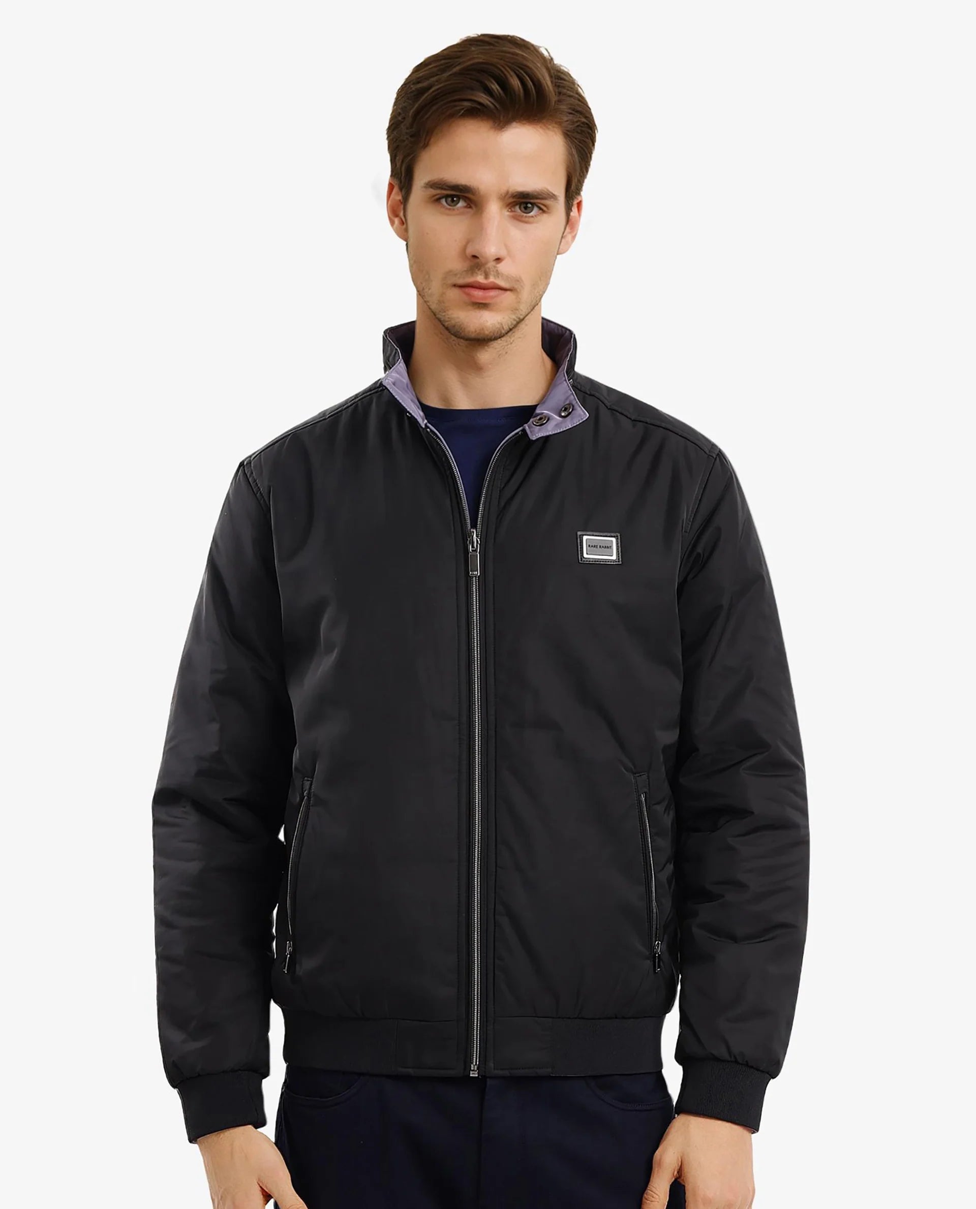 Rare Rabbit Men Royban-2 Black Polyester Fabric Full Sleeve High Neck Zipper Closure Plain Reversible Jacket