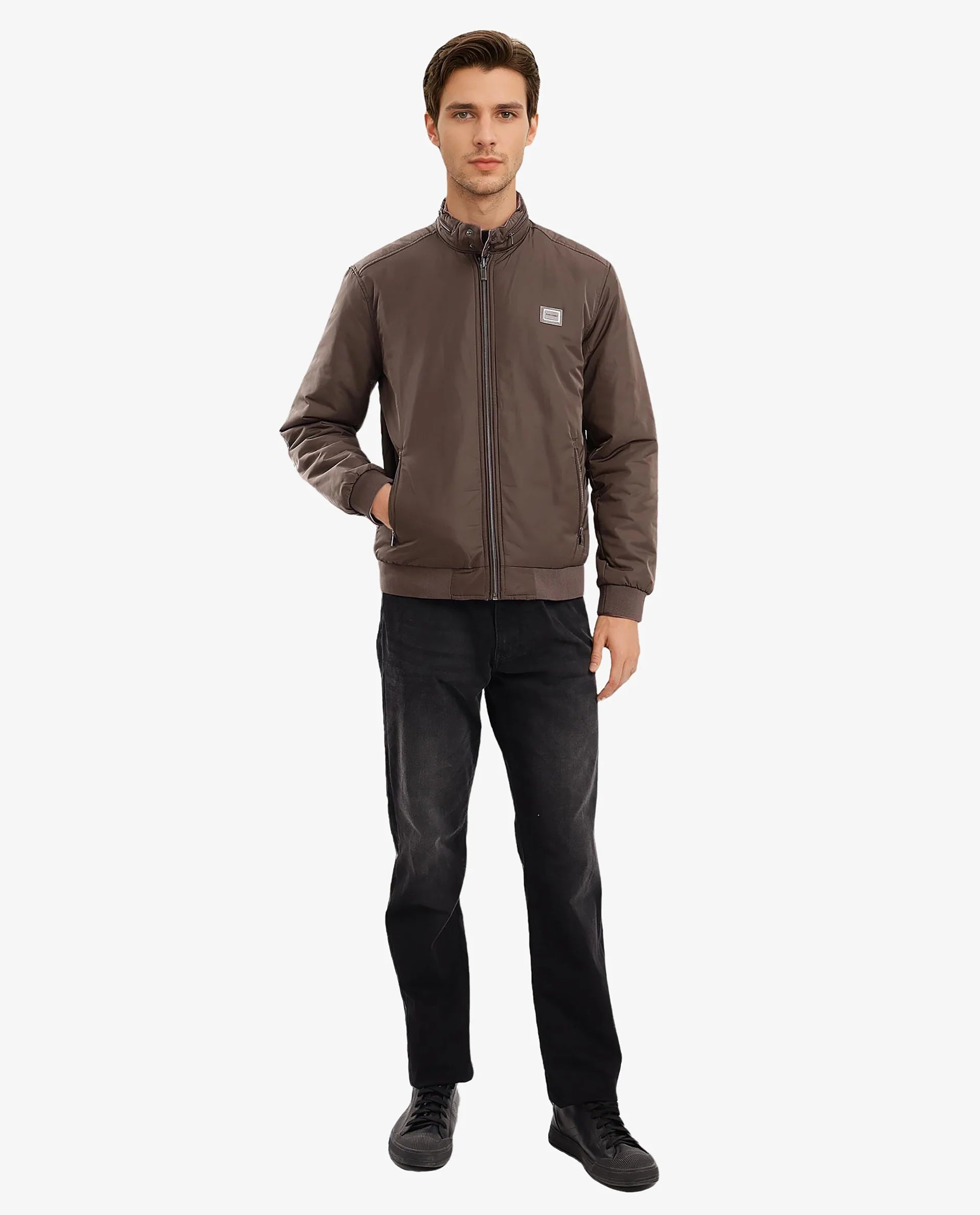 Rare Rabbit Men Royban-2 Olive Polyester Fabric Full Sleeve High Neck Zipper Closure Plain Reversible Jacket