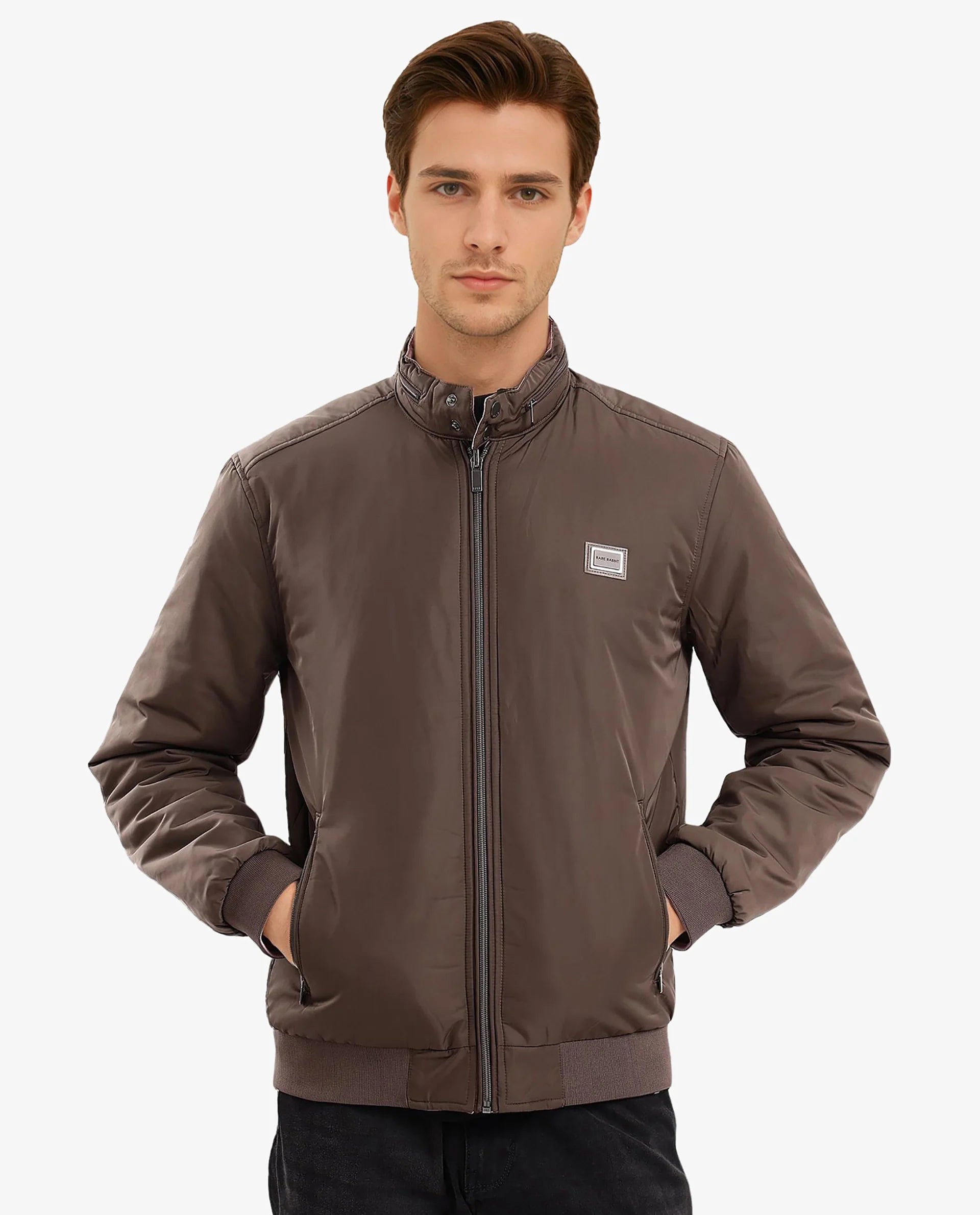 Rare Rabbit Men Royban-2 Olive Polyester Fabric Full Sleeve High Neck Zipper Closure Plain Reversible Jacket