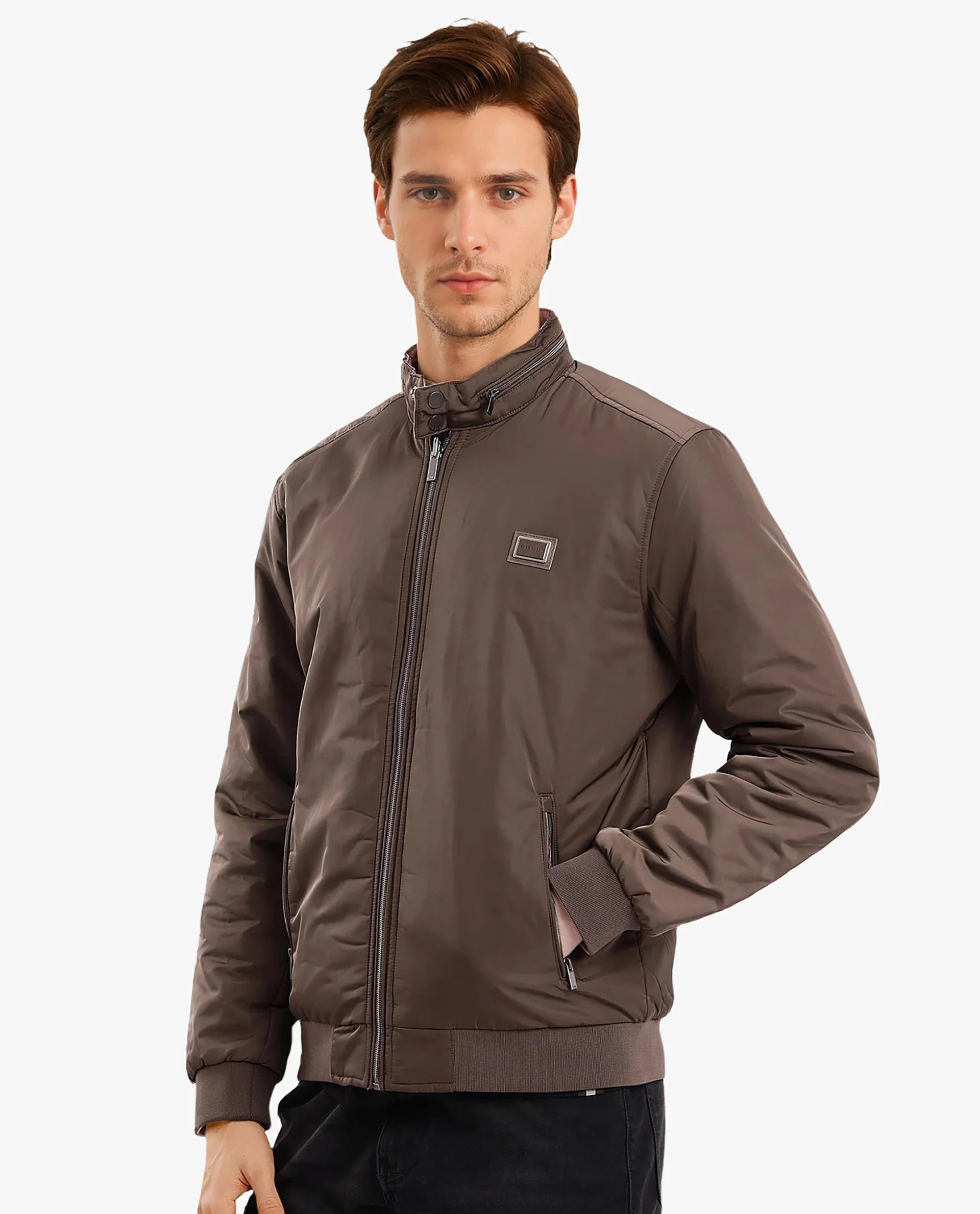 Rare Rabbit Men Royban-2 Olive Polyester Fabric Full Sleeve High Neck Zipper Closure Plain Reversible Jacket