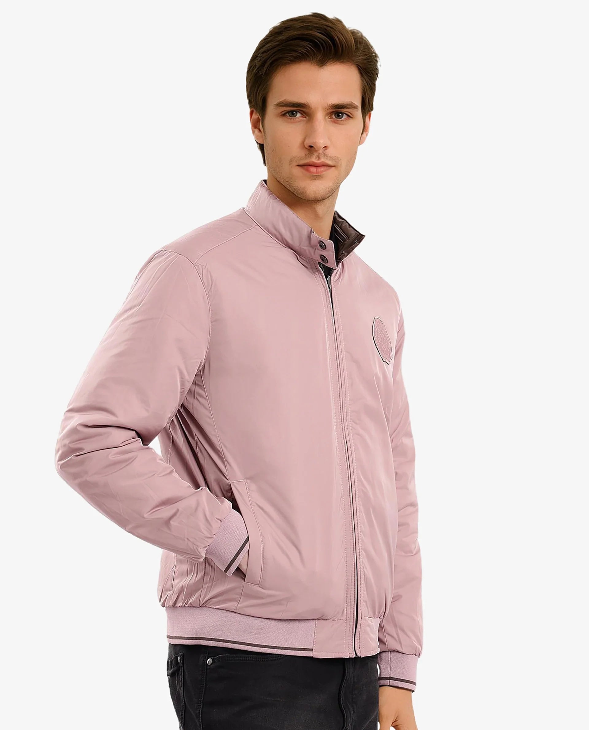 Rare Rabbit Men Royban-2 Olive Polyester Fabric Full Sleeve High Neck Zipper Closure Plain Reversible Jacket