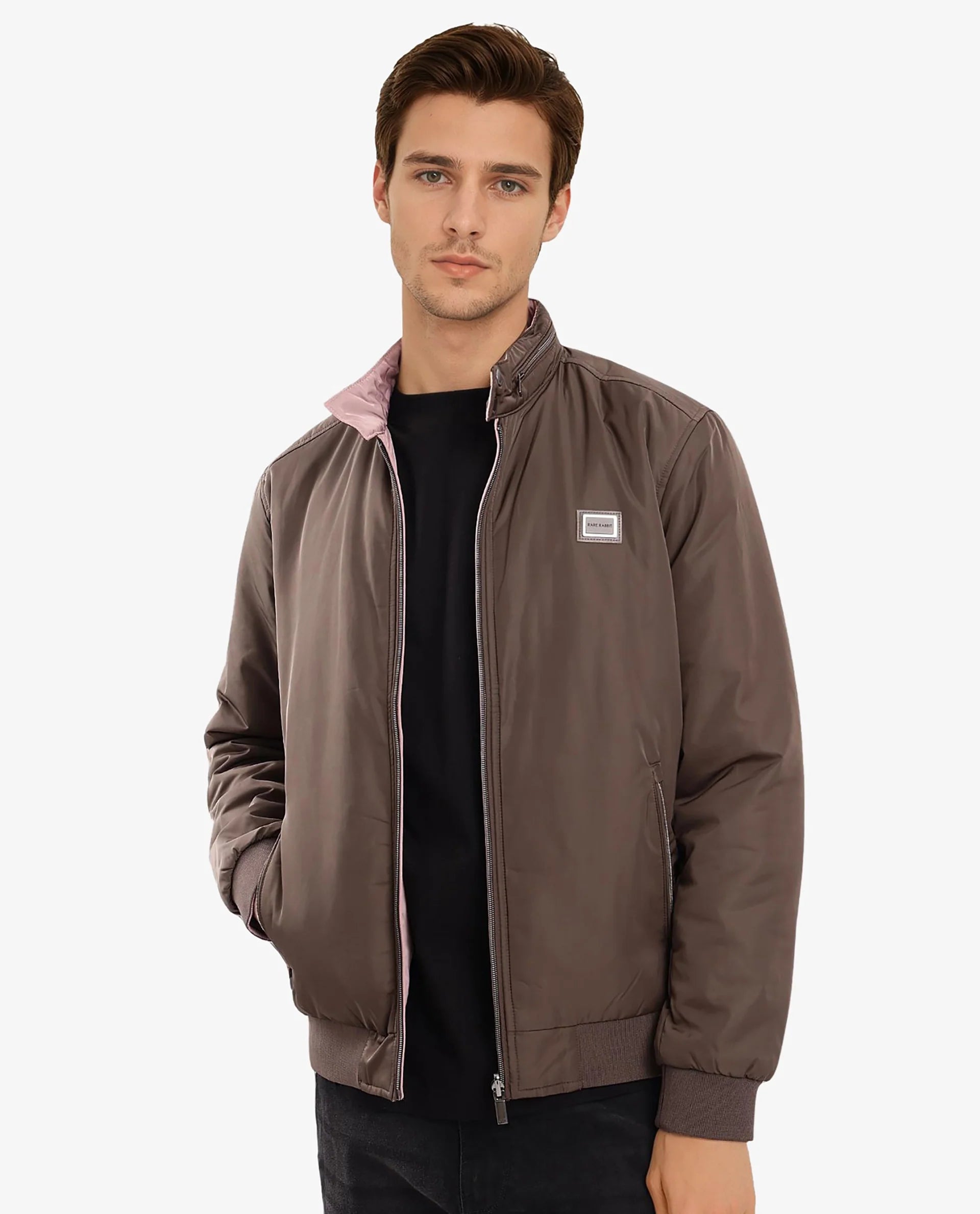 Rare Rabbit Men Royban-2 Olive Polyester Fabric Full Sleeve High Neck Zipper Closure Plain Reversible Jacket