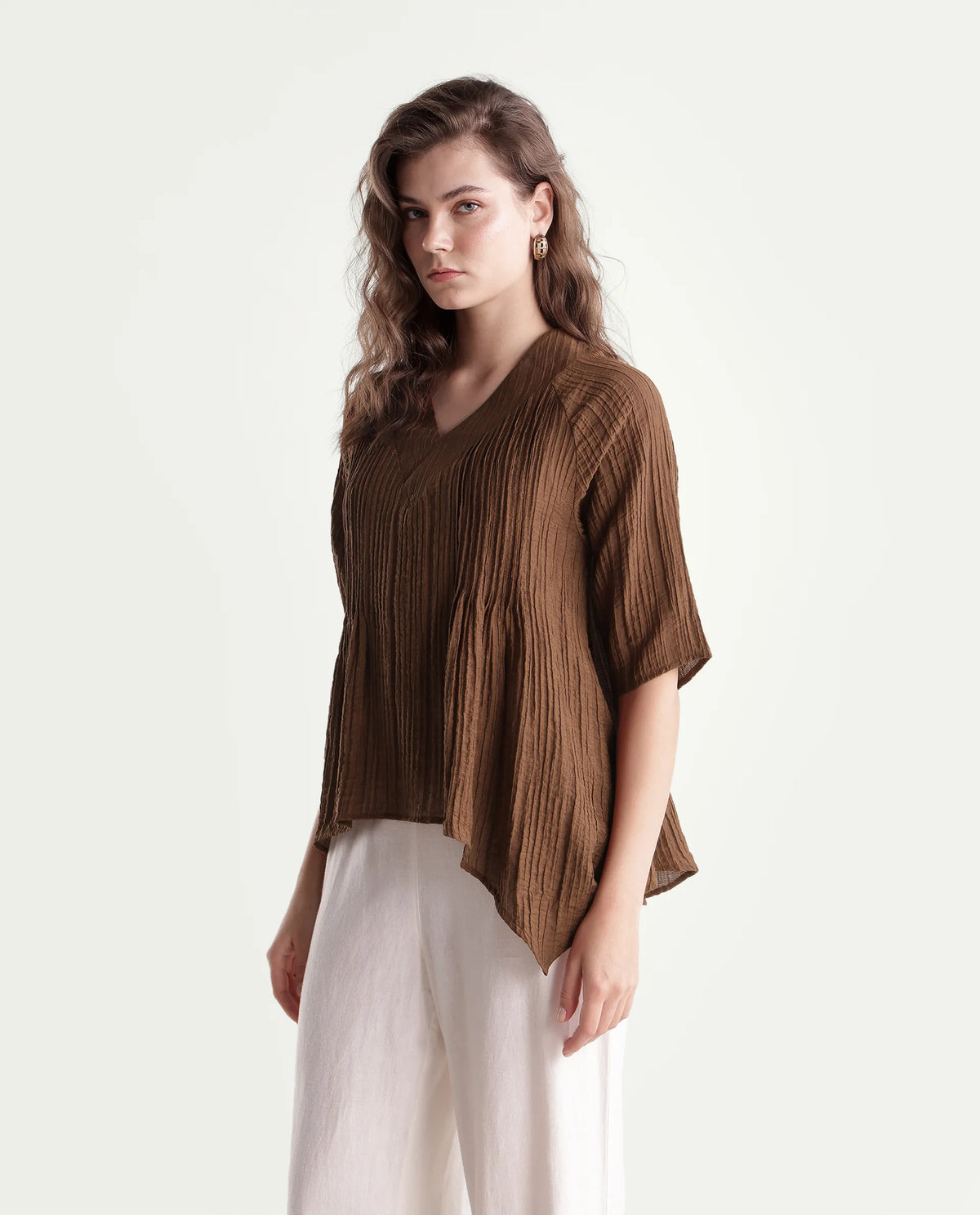 Rareism Women's Maruka Rust Polyester Blend V-Neck Plain Raglan Sleeve Regular Fit Top