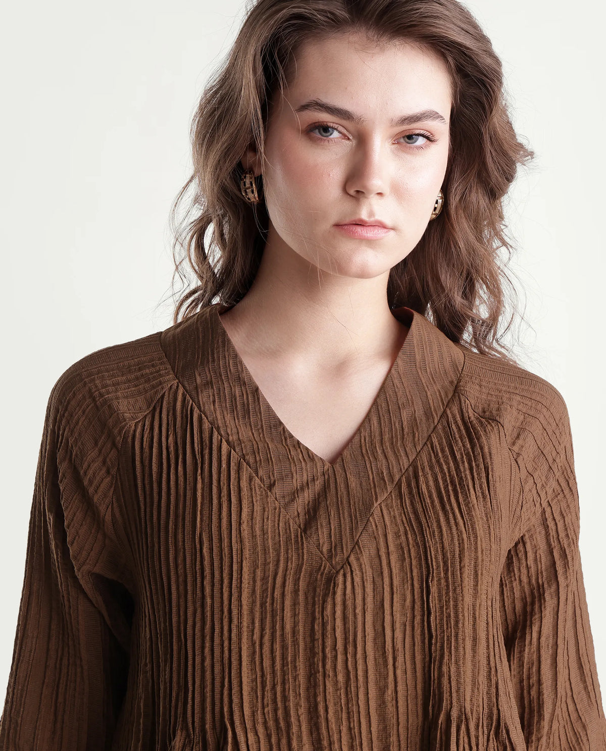 Rareism Women's Maruka Rust Polyester Blend V-Neck Plain Raglan Sleeve Regular Fit Top