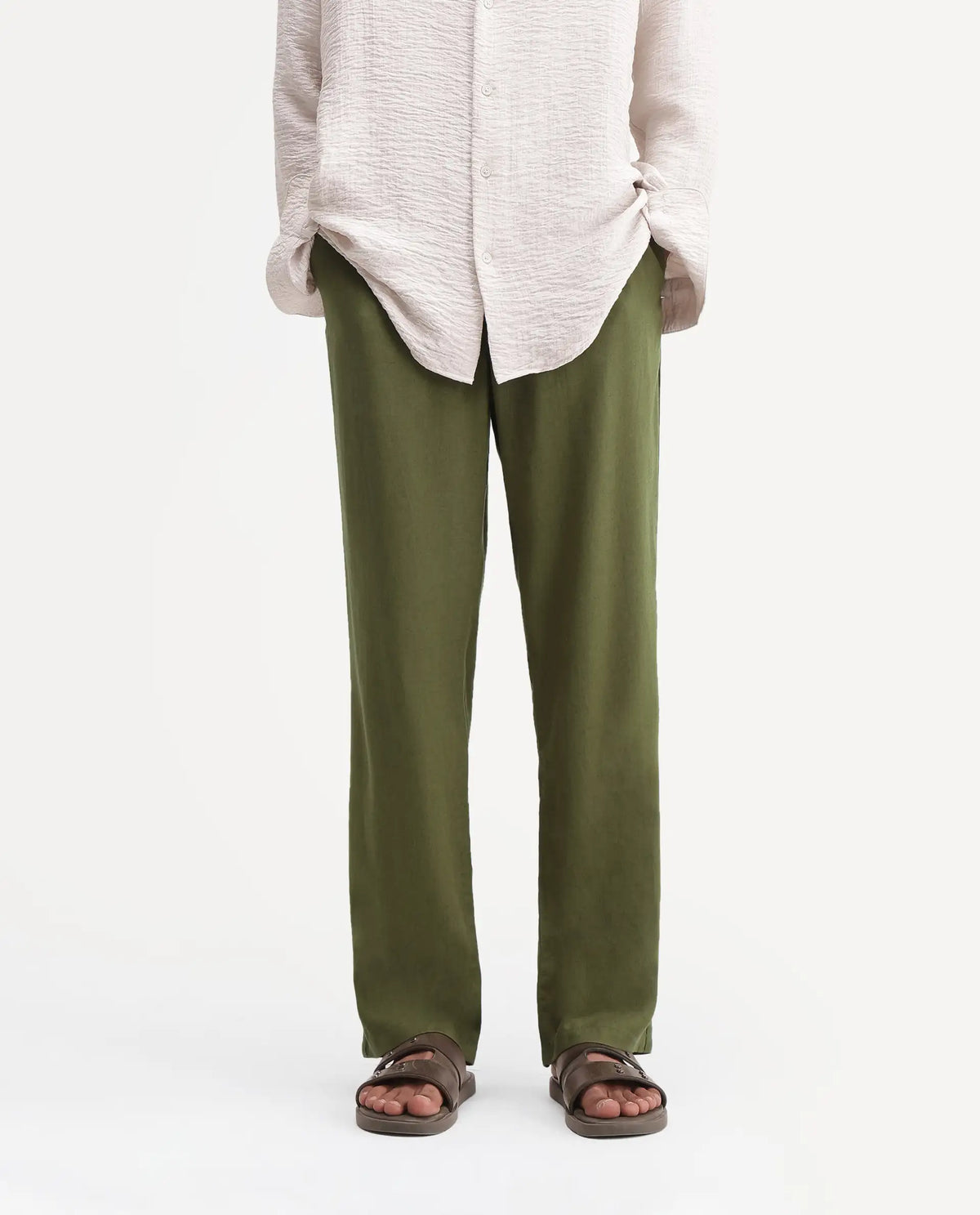 Rare Rabbit Men's Coft-B Olive Linen Blend Plain Loose Fit Trouser