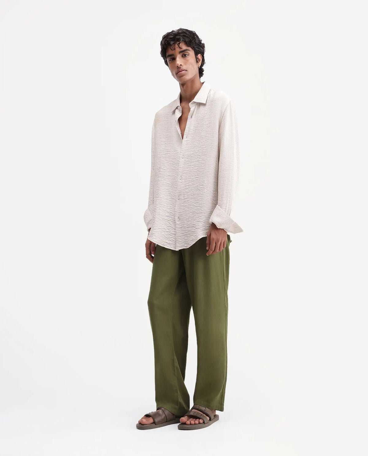 Rare Rabbit Men's Coft-B Olive Linen Blend Plain Loose Fit Trouser