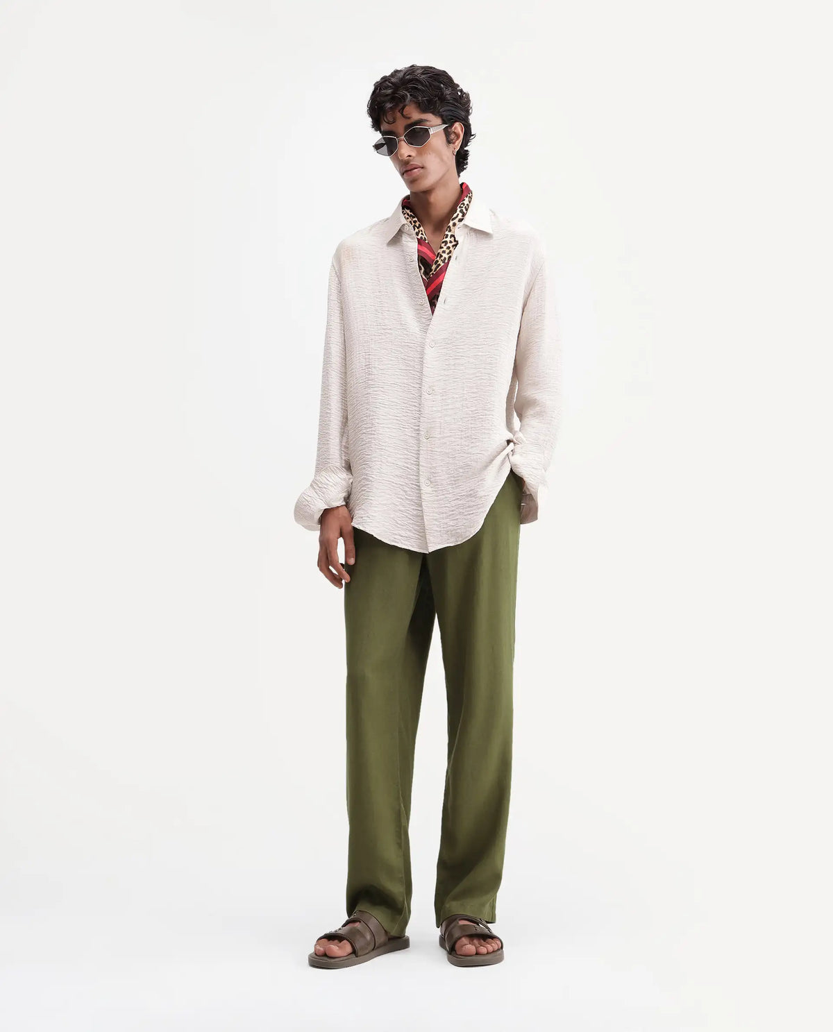 Rare Rabbit Men's Coft-B Olive Linen Blend Plain Loose Fit Trouser