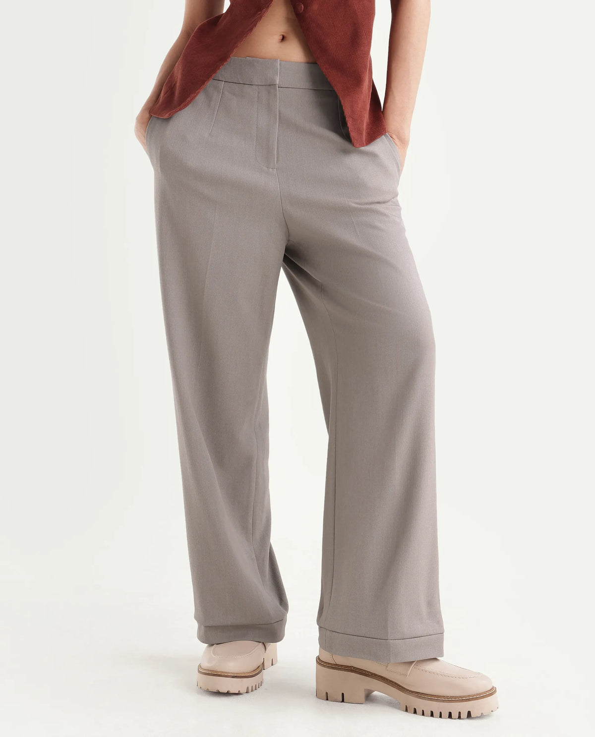 Rareism Women's Srait-Aw26 Fawn Polyester Blend Straight Plain Trouser