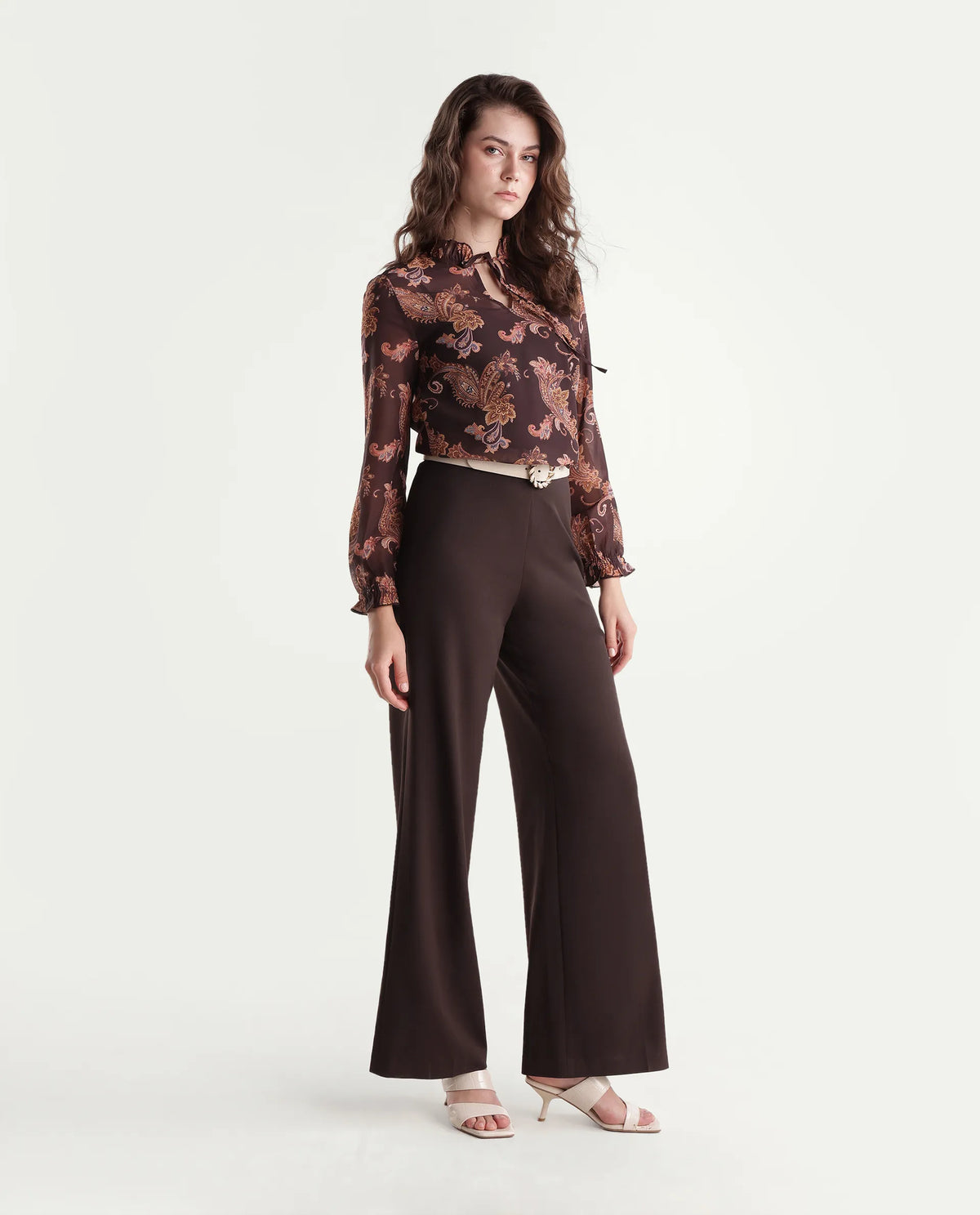 Rareism Women's Widy-Aw26 Brown Polyester Blend Wide Plain Trouser