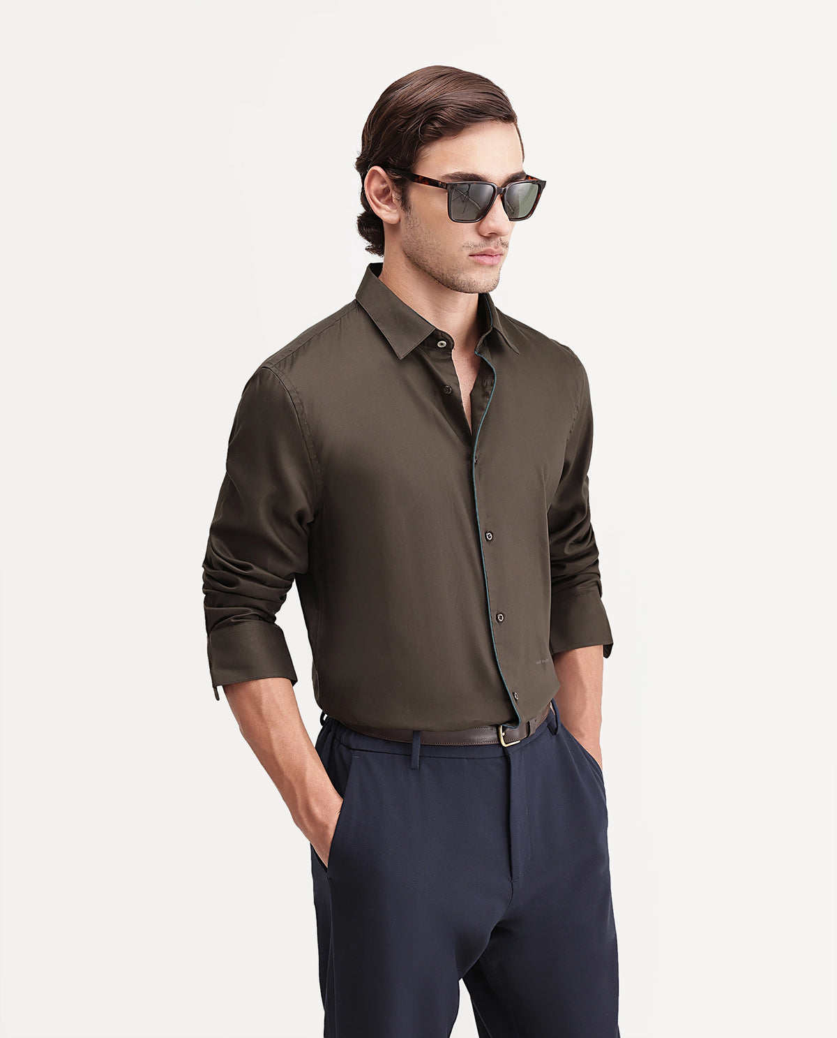 Rare Rabbit Men's Rhine Dark Brown Tencel Spread Collar Regular Fit Plain Shirt