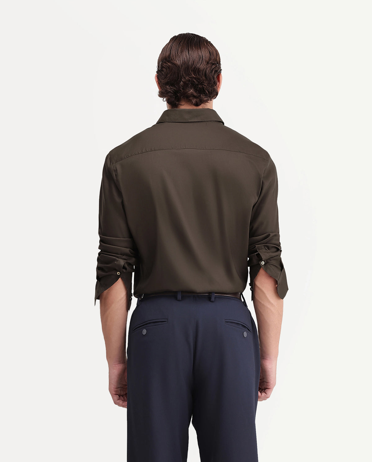 Rare Rabbit Men's Rhine Dark Brown Tencel Spread Collar Regular Fit Plain Shirt