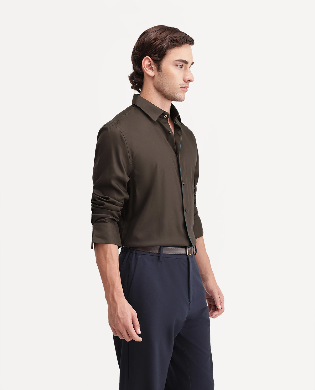Rare Rabbit Men's Rhine Dark Brown Tencel Spread Collar Regular Fit Plain Shirt