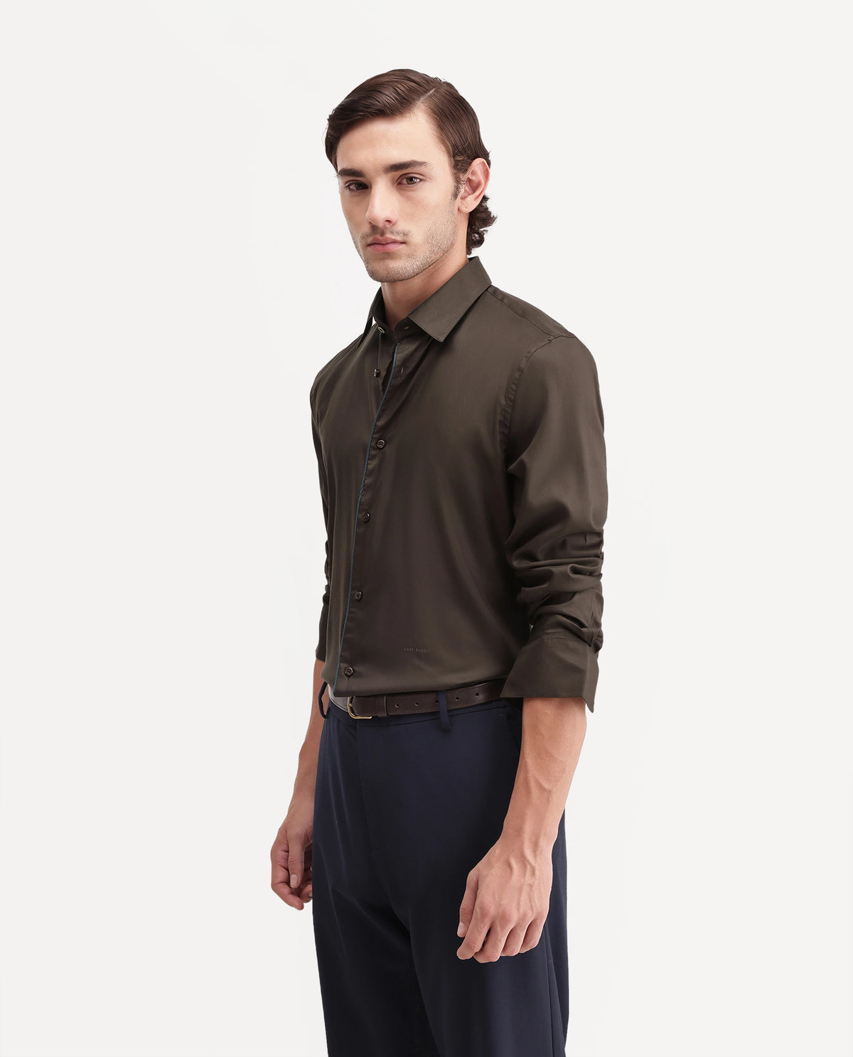 Rare Rabbit Men's Rhine Dark Brown Tencel Spread Collar Regular Fit Plain Shirt