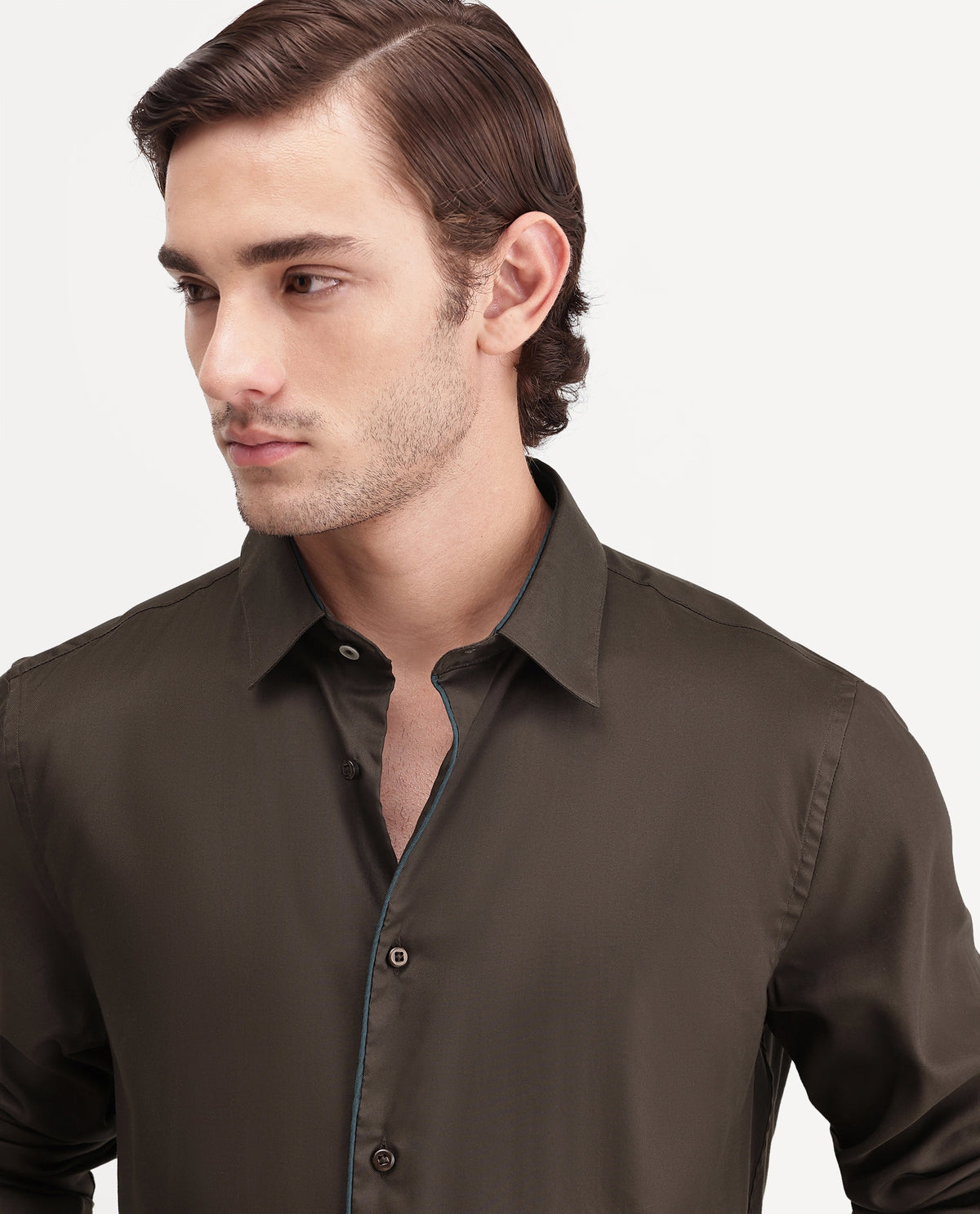 Rare Rabbit Men's Rhine Dark Brown Tencel Spread Collar Regular Fit Plain Shirt